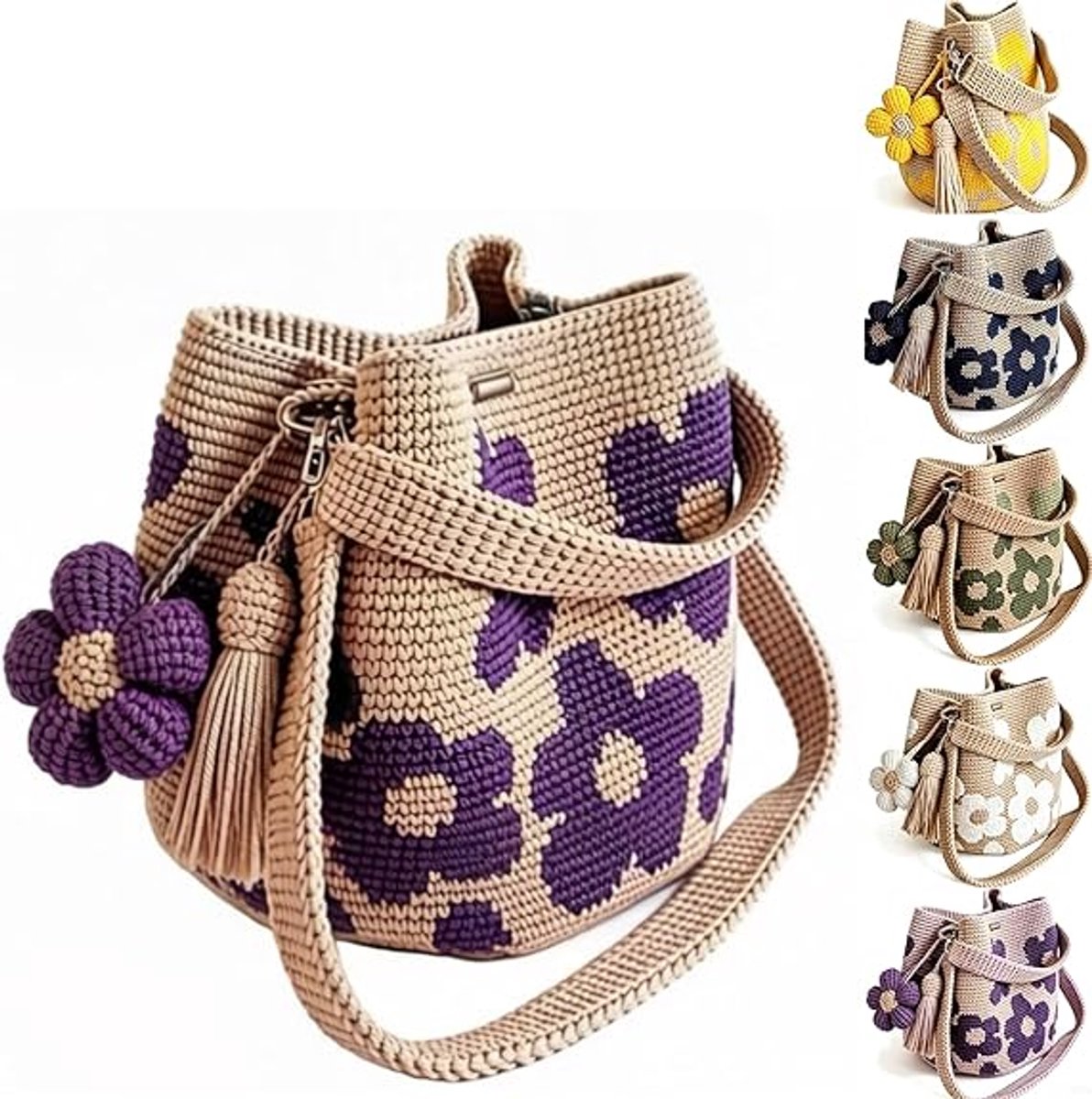 VHV-Gehaakte schoudertas - Licht en ruim bucketbag ontwerp - 22 x 25 cm - Verstelbare crossbodytas met trekkoord - Voor dagelijks gebruik, reizen, strand en boodschappen - Gehaakt garen - 1 stuk - Paars