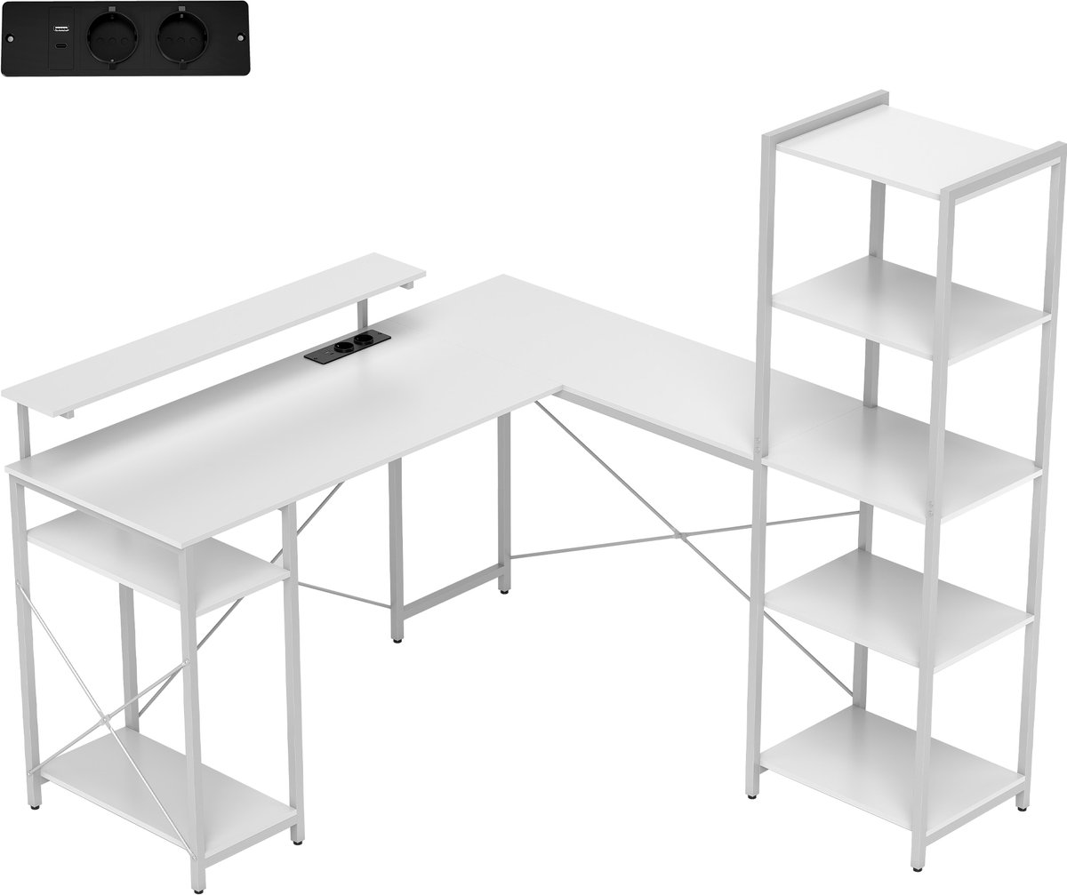 Wit L-vormig Bureau 137 x 140 x 139,5 cm, Hoekbureau met Oplaadstation, Monitorstandaard, 2-Laags en 5-Laags Legplanken, Computerbureau, Schrijftafel, Werktafel voor Homeoffice en Kantoor, Ruimtebesparend, Modern