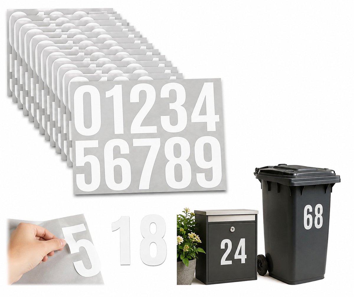 Cijferstickers Witte Nummers - Weersbestendige Vinyl Cijfers van 10 cm voor Huisnummer, Brievenbus & Kliko - Zelfklevende Cijfers 0 t/m 9 - 15 Vellen