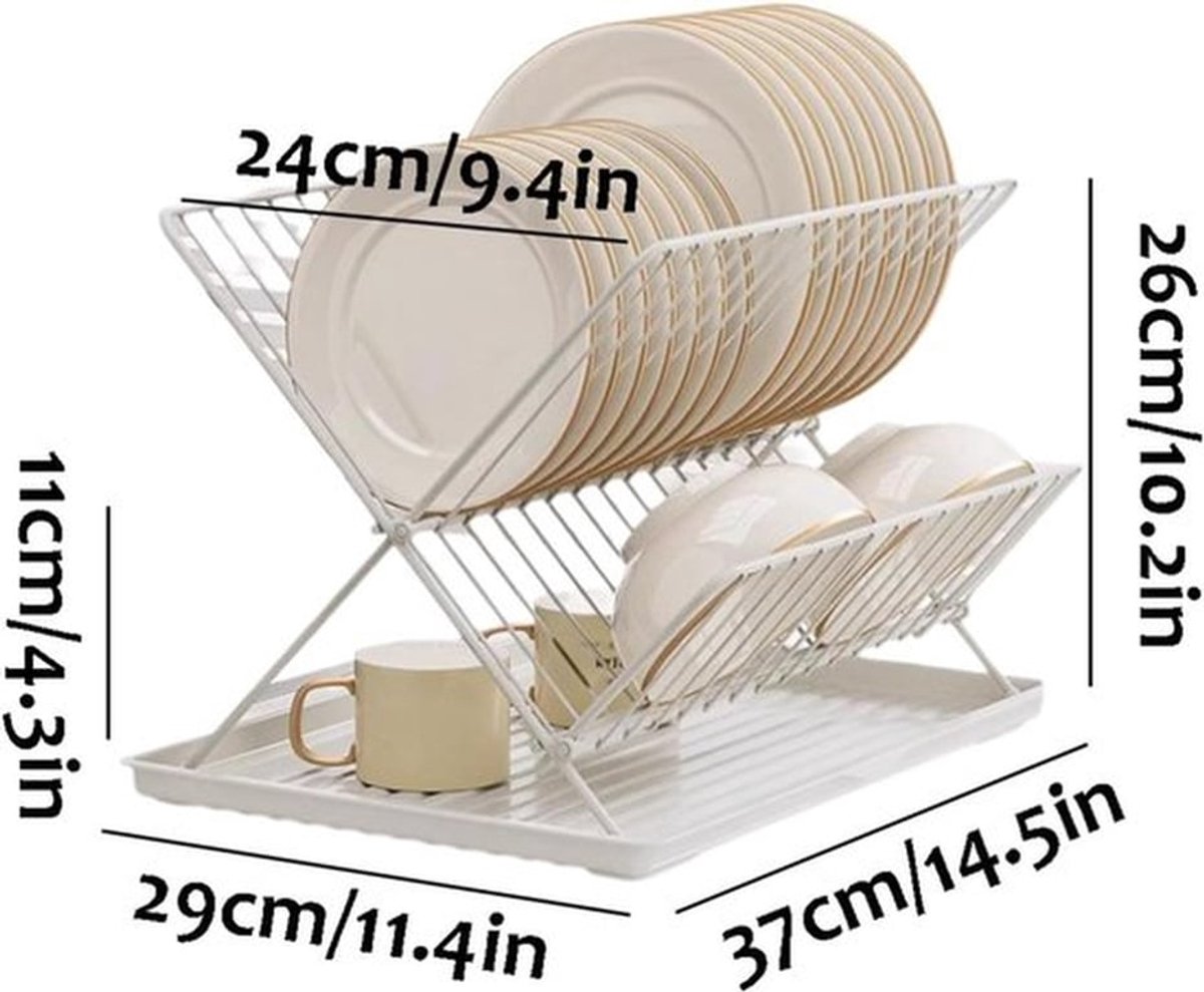 Afwasrek - afdruiprek - met lekbak - koolstofstaal - dubbellaags opvouwbaar afwasrek - geschikt voor aanrecht - 37 × 29 × 26 cm - zwart