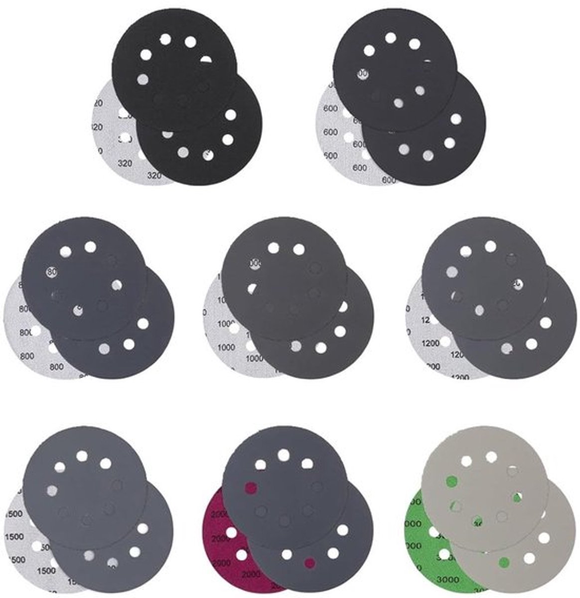 Schuurpapier Set 24 Stuks - Schuurschijven 125 mm - 8 Gaten - Korrel 320/600/800/1000/1200/1500/2000/3000 - Hoogwaardig Siliciumcarbide - Voor Auto/Metaal/Hout