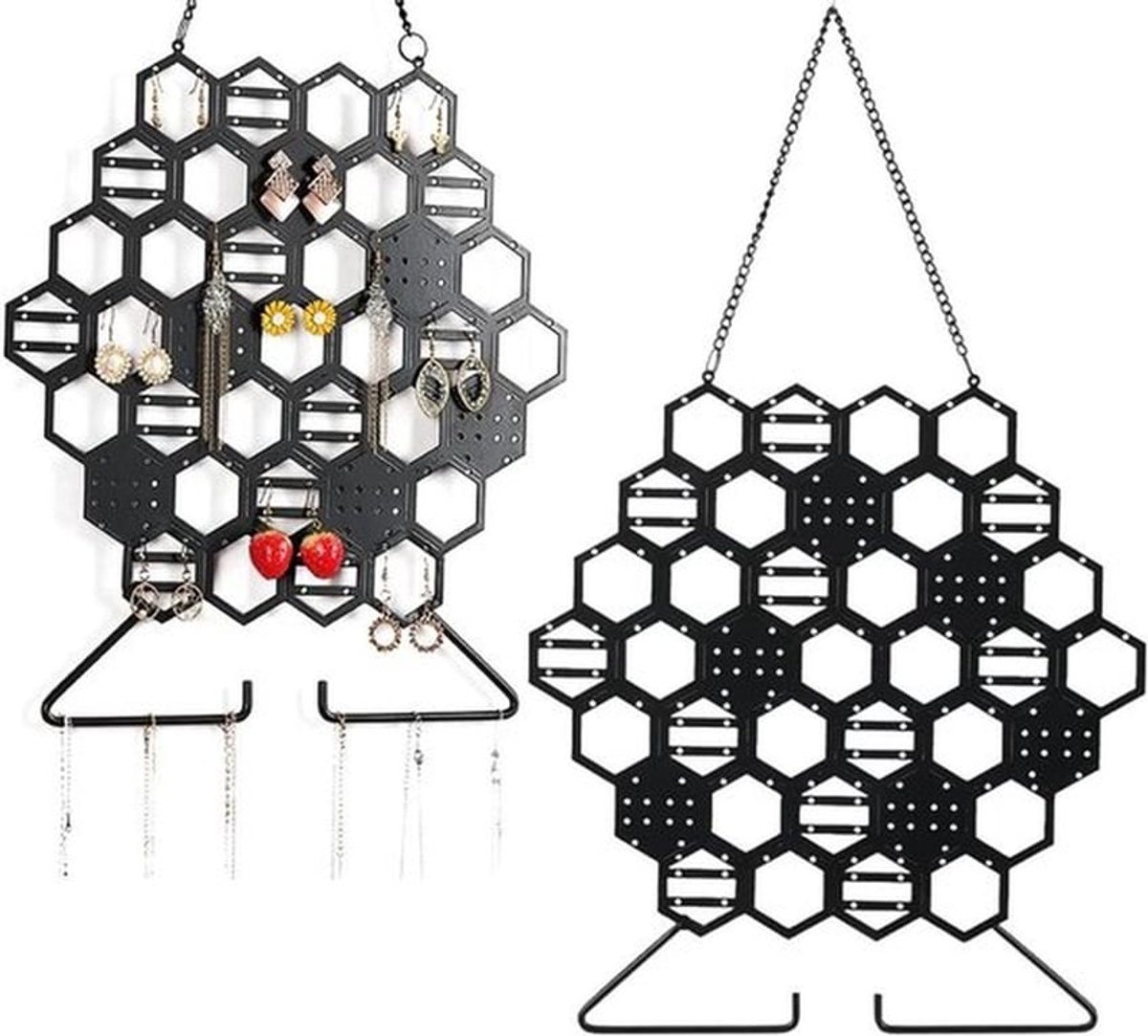 Sieraden Organizer Wandmontage Honingraat Ontwerp Opbergrek voor Oorbellen Kettingen Armbanden - Zwart Mesh met Haken - Opbergsysteem voor Meisjes en Vrouwen
