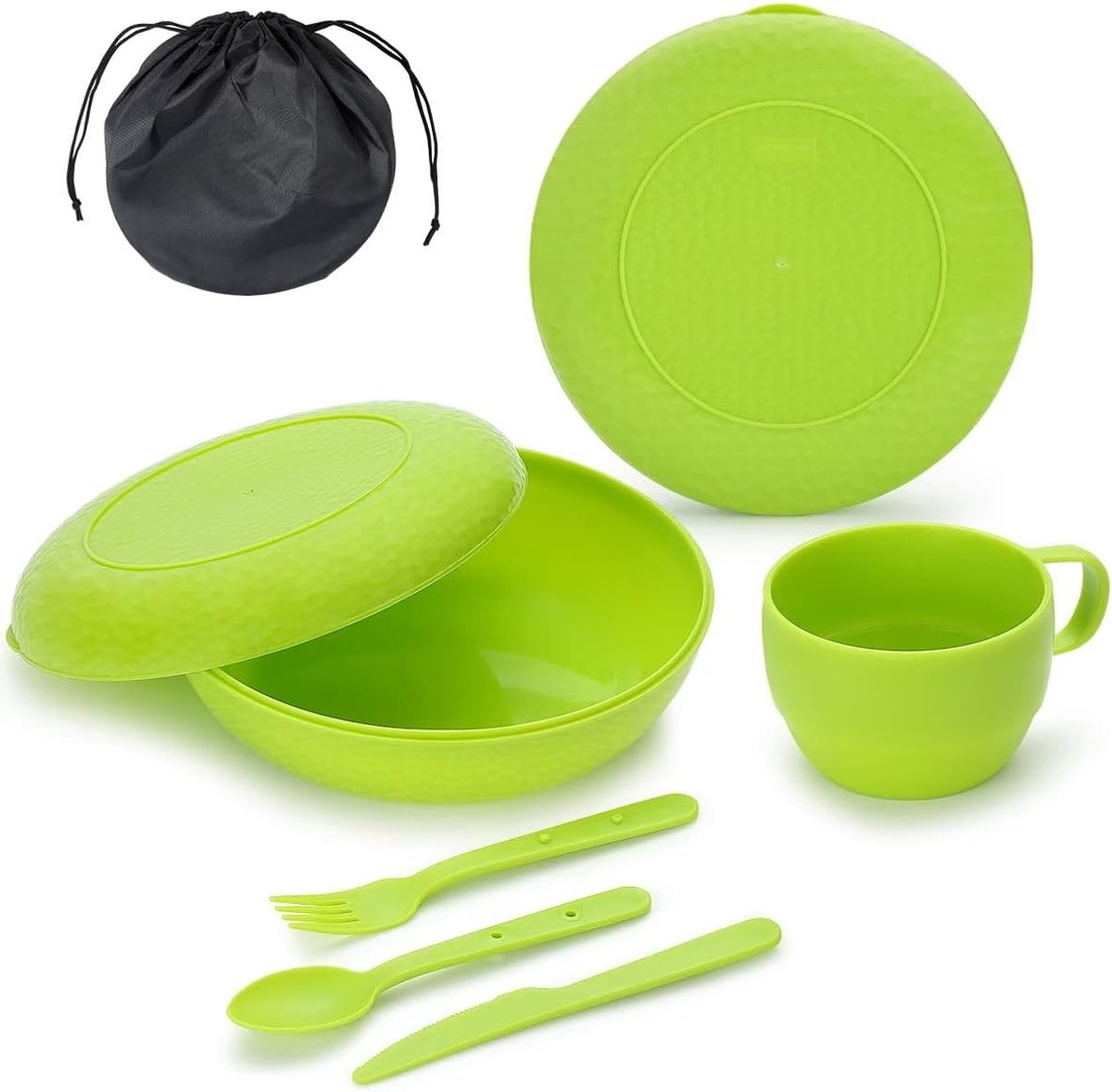 Complete Camping Mess Kit met Kom, Bord, Beker, Lepel, Vork, Mes en Draagtas - Ideaal voor Buiten, Picknicken en Reizen, Lichtgewicht en Makkelijk Schoon te Maken