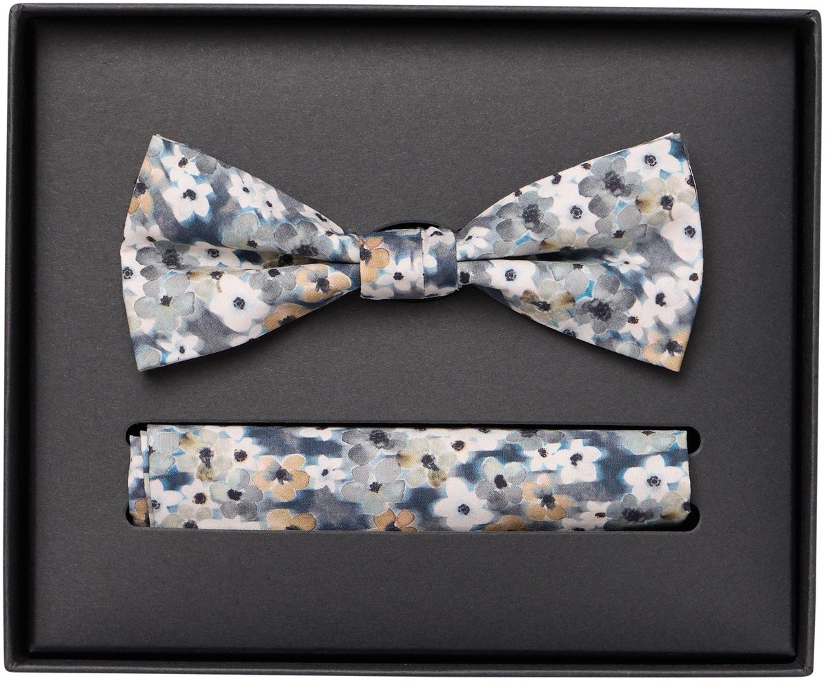 VENTI set met vlinderdas en pochet - blauw met beige en wit dessin