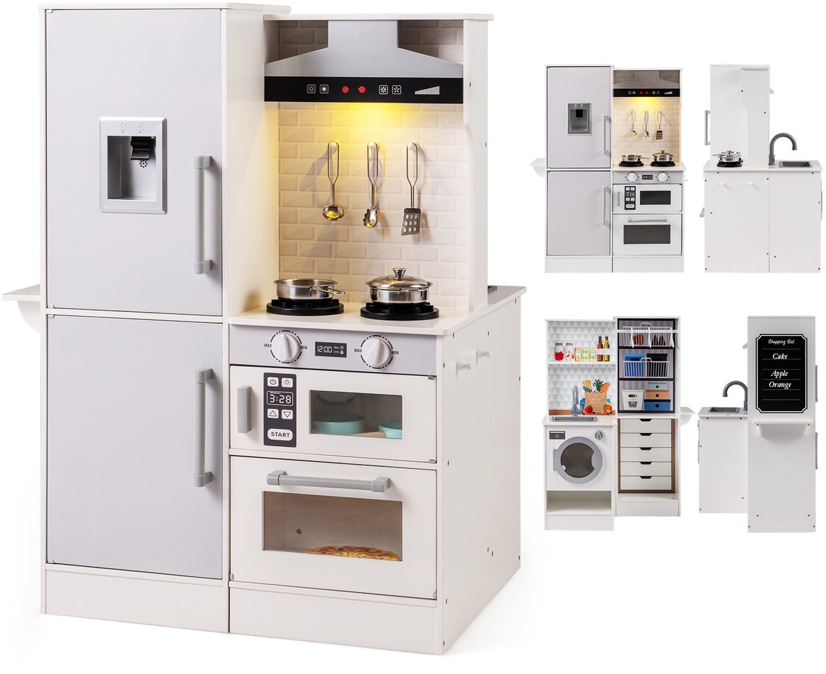 COSTWAY Kinderkeuken, Houten Speelkeuken met Licht en Geluid, Dubbelzijdige Speelgoedkeuken met Kapstok, Afzuigkap, Magnetron & Kookgerei, Houten Keuken voor Kinderen vanaf 2 Jaar (Wit)