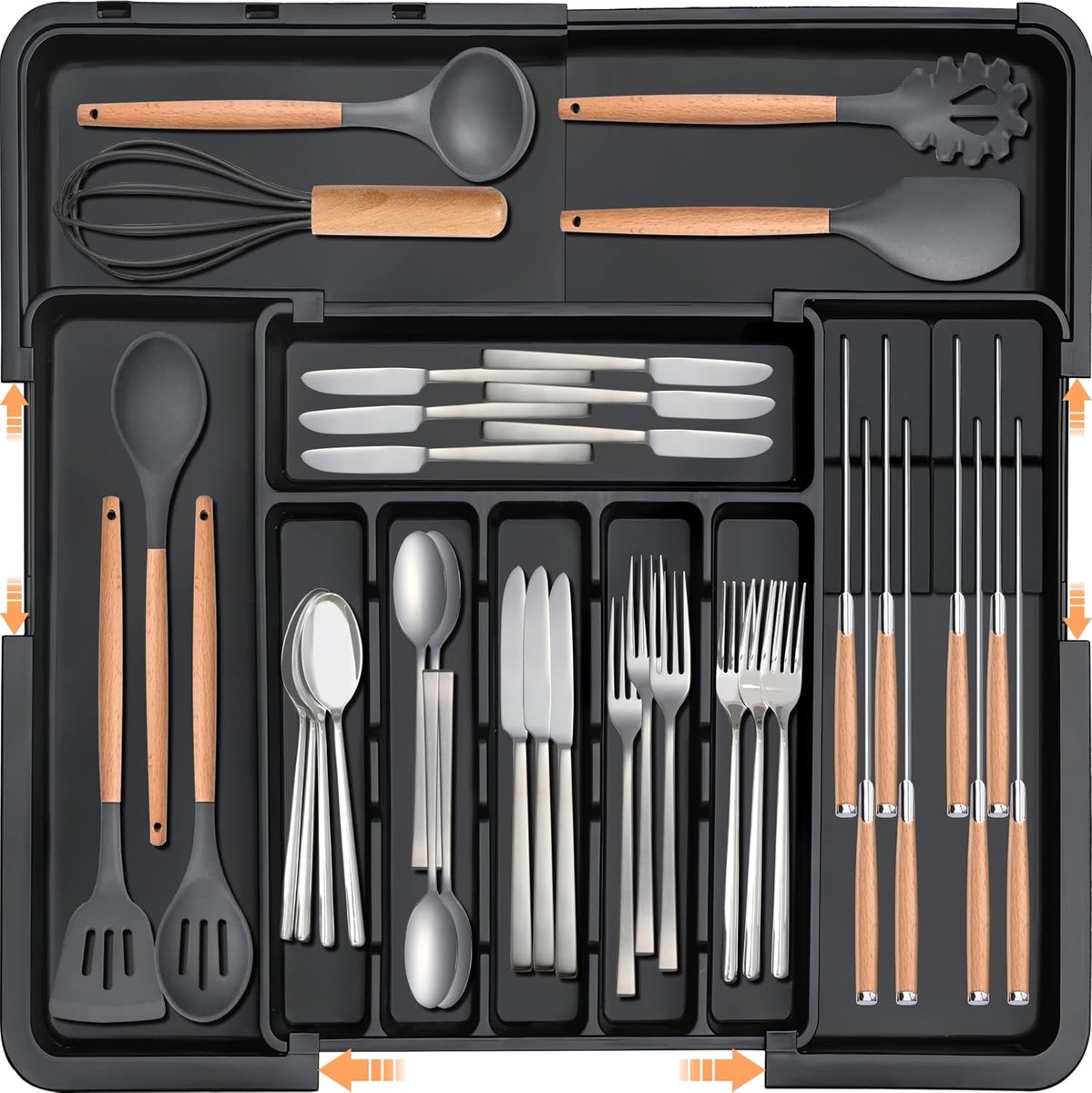 Bestekorganizer - uitschuifbaar en uitbreidbaar - gescheiden opbergvakken - voor keukenladen - instelbare meshouders - voor keukengebruikers - zwart - 22x19 inch - 1 stuk