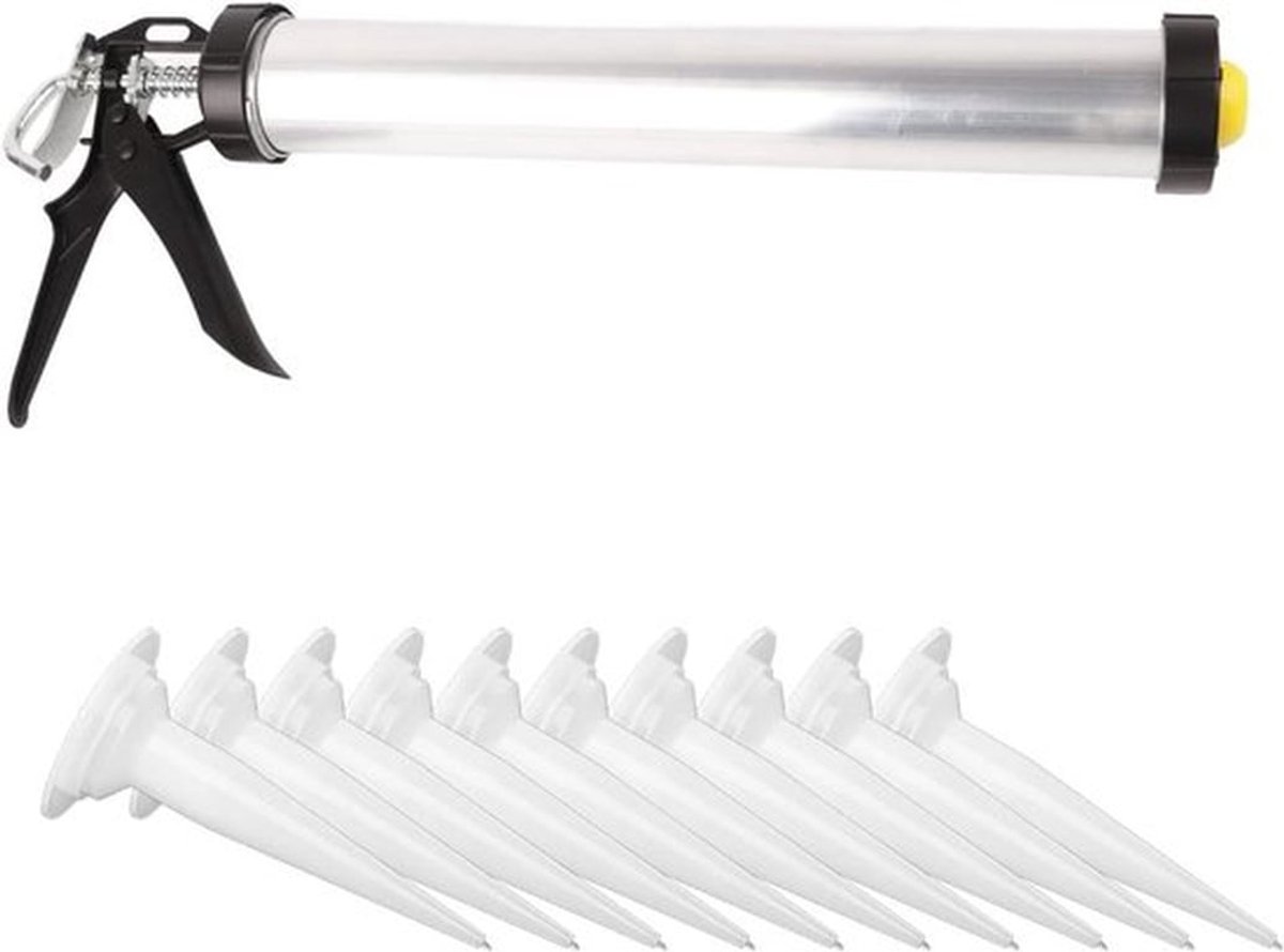 Siliconen kitspistool met aluminium buis - 600 ml - handmatig en pneumatisch - inclusief 10 sproeiers - 360 graden draaibare cilinder - moeiteloze applicator - patroongereedschap.