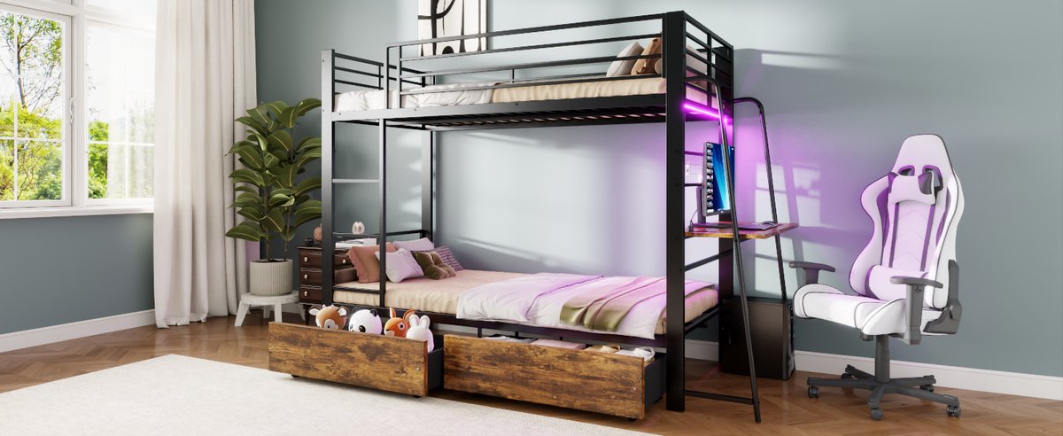 Stapelbed 90x200 cm - Met Bureau, Kleurwisselende Ledverlichting en Opberglades - Ruimtebesparend - Metaal en Mdf - Zonder Matras - Zwart