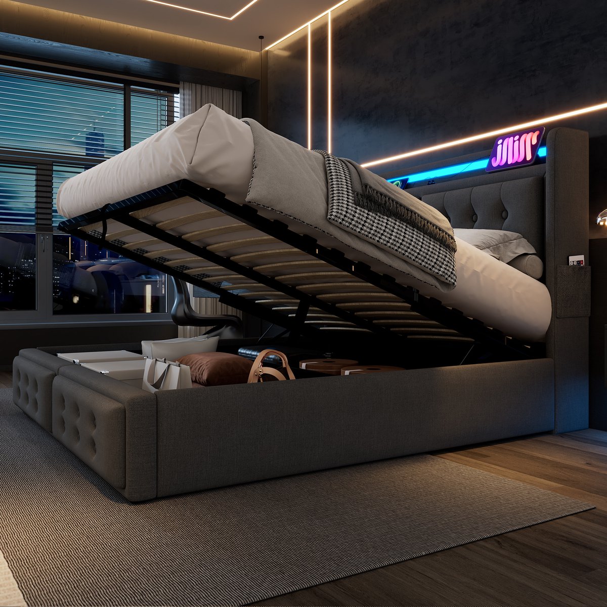 Gestoffeerd Bed 180x200 Cm - Bedframe Met Led En Usb C Oplaadfunctie - Met Opbergruimte - Voor Slaapkamer - Stof - Grijs - Zonder Matras