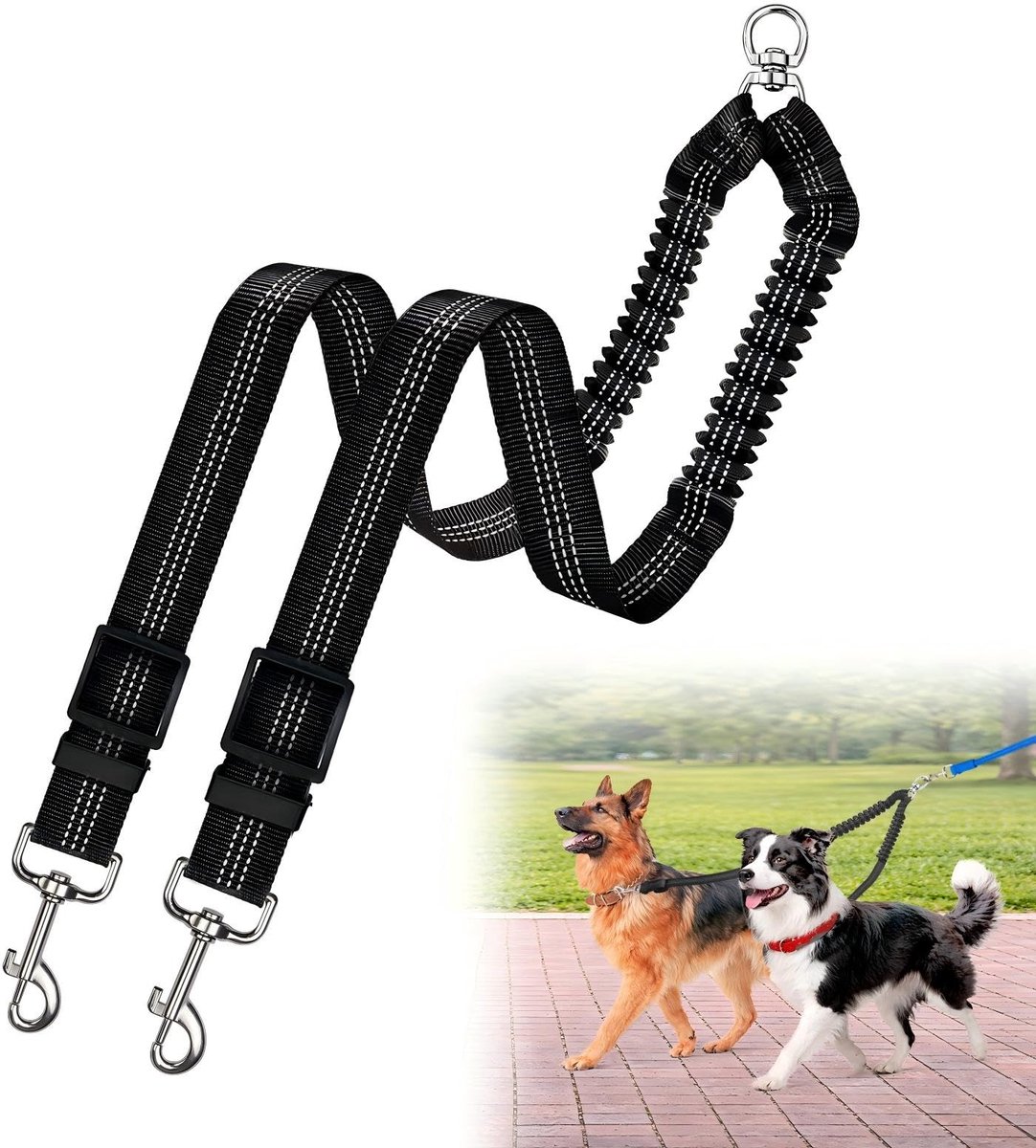 Dubbele Hondenriem voor Twee Honden – Professionele Anti-Draai 360° Zwengelkoppeling met Schokabsorberende Bungee – Verstelbare Lengte – Dubbelzijdig Reflecterende Hondenriemsplitter voor Kleine, Middelgrote en Grote Honden