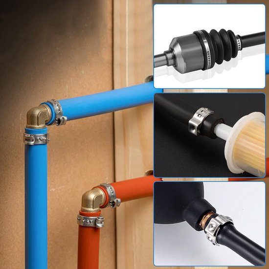 Set slangklemmen - Oorvormige slangklemmen - Met blauwe klemtang - Slangbevestigingen - Voor buizen en slangen - Metaal - 170 stuks - Zilver — afbeelding 3