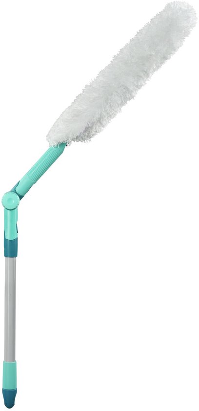 Plumeau blanc et duveteux avec un manche turquoise coudé et une rallonge.