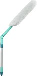 Plumeau blanc et duveteux avec un manche turquoise coudé et une rallonge.