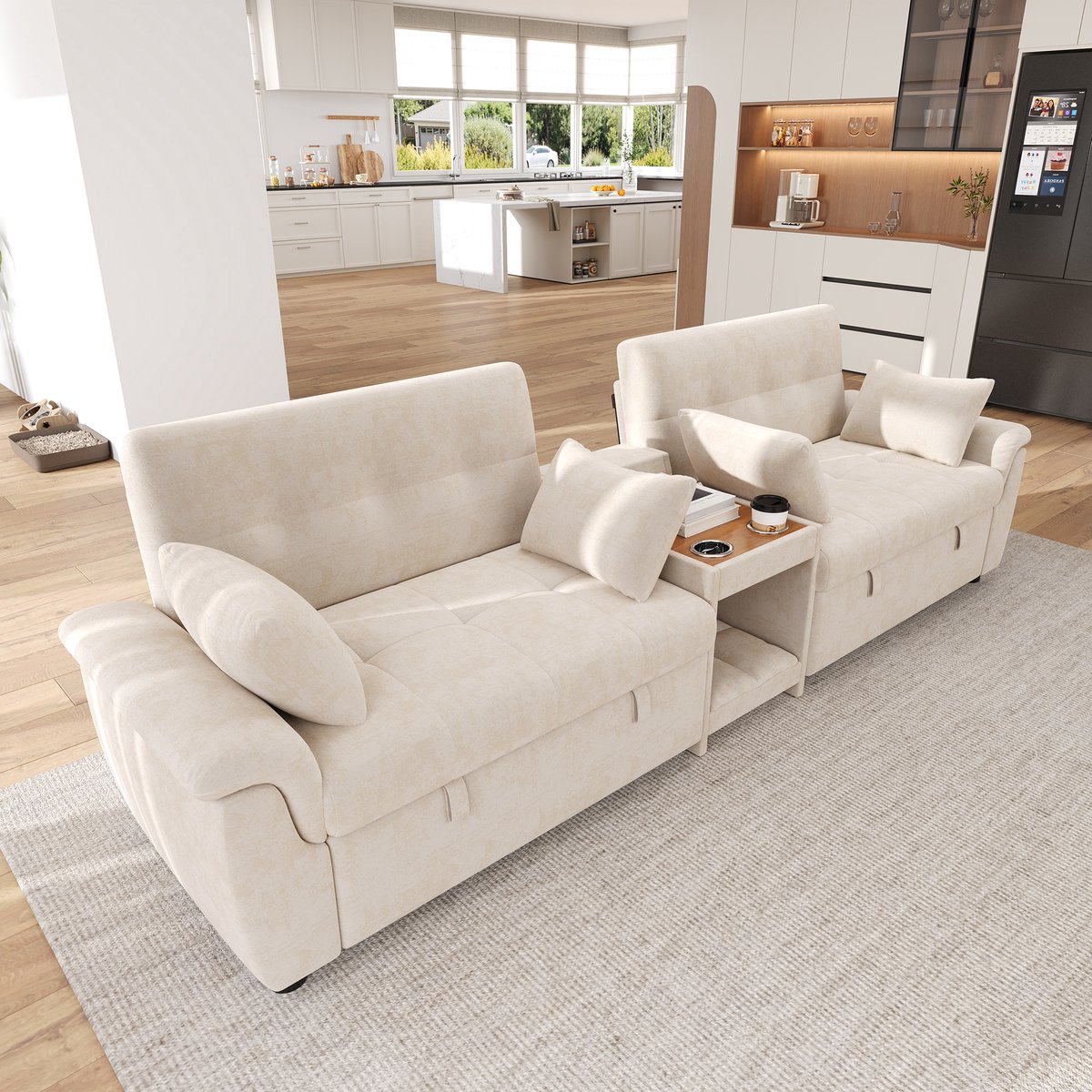 MODFU - U-Bank - Slaapbank - Uitrekbaar - Verstelbare Rugleuning - Beige - Chenille
