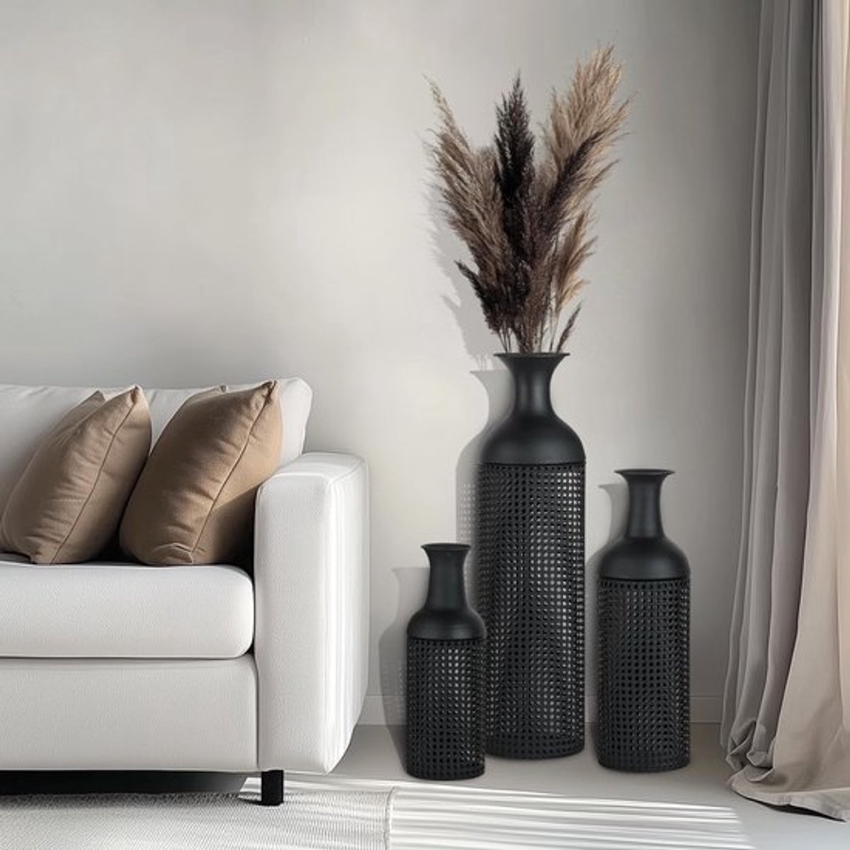 Sziqiqi Zwarte Grote Vloervazen: Hoge Staande Vazen voor Woonkamer 68/51/41cm - Metalen Hoge Vloer Vaas Set van 3 - Moderne Oversized Vloer Vaas voor Slaapkamer Keuken Open Haard Hoek
