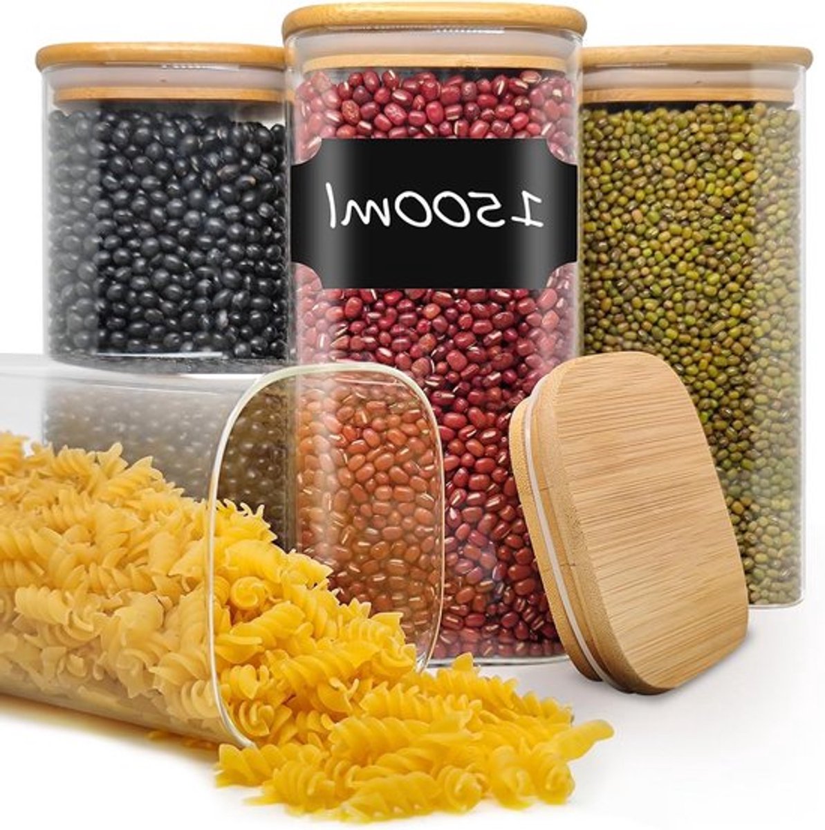 Set van 4 Opslagcontainers van 1500 ml, Rechthoekige Glazen Dozen voor Granen, Bonen en Snacks