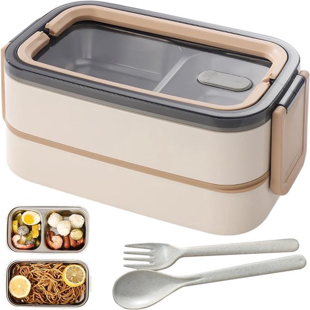 Lunchbox met 2 niveaus en vakken - Premium RVS brooddoos met bestek, BPA-vrij en magnetronbestendig, ideaal voor onderweg en op kantoor