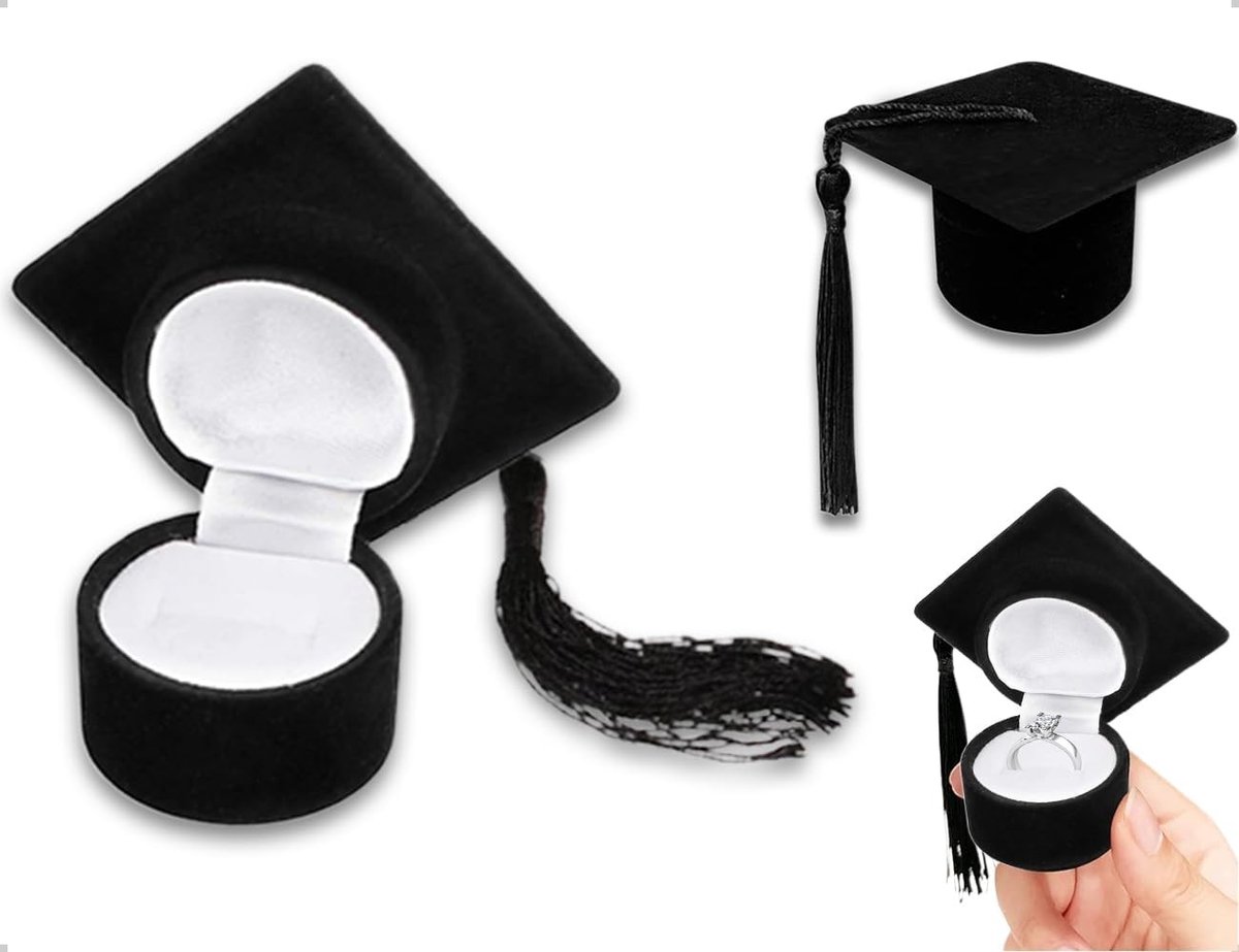 Ringdoos voor Afstuderen, Hoed voor Bachelor, Sieradenopbergdoos, Decoratie voor Diploma's, Geschikt voor Basisschool en Abituristen (Zwart)