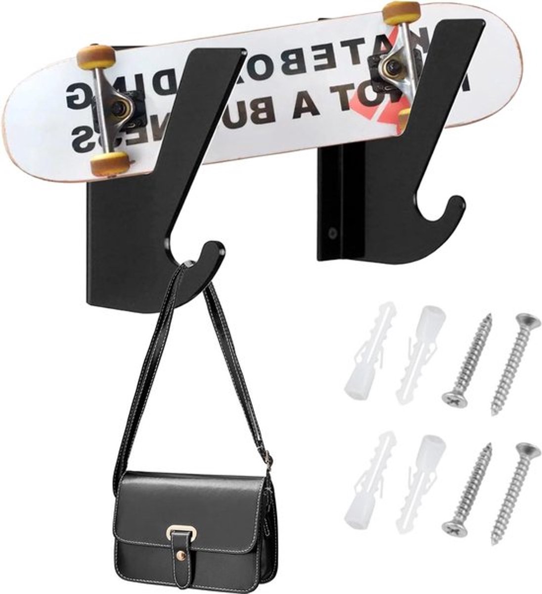 Plus - Skateboard Muurbeugels voor Longboard en Snowboard - Skateboard Houder met Opberghaak - Deckweergave - Wandrek - Zwart