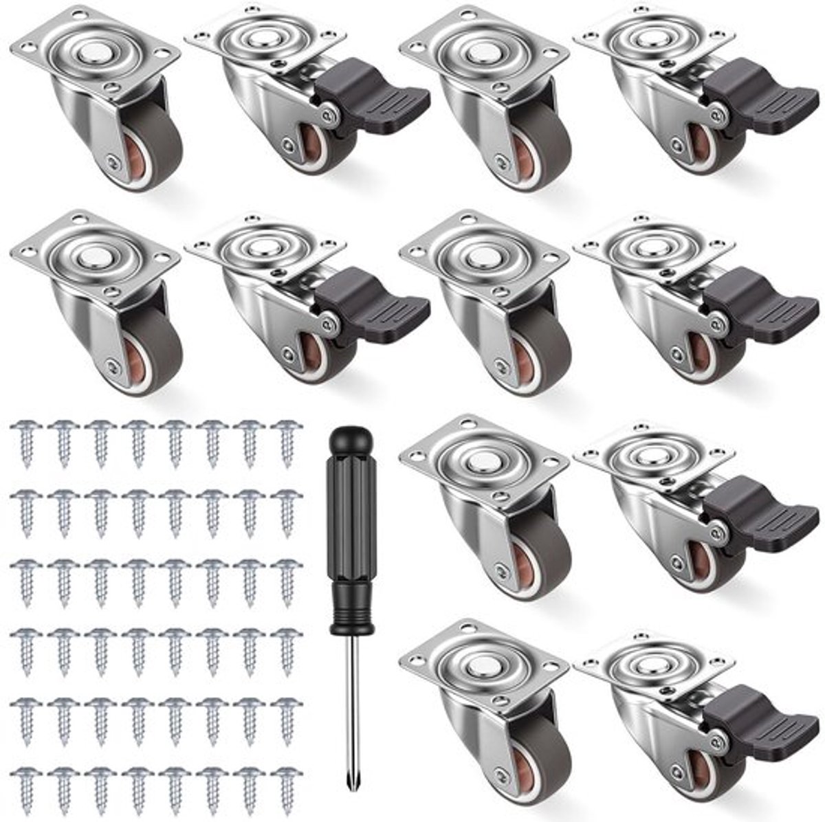 Set van 12 Meubelwielen met Rem - 25mm Zware Kastenwielen voor Meubels - Rubber Wielen met 48 Schroeven en 1 Schroevendraaier voor Eenvoudige Montage