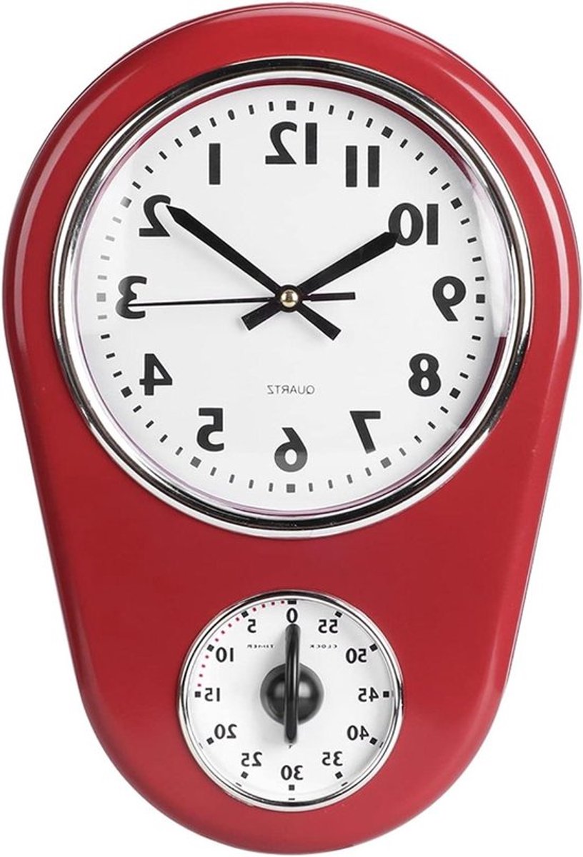 Grote Retro Wandklok - Vintage Horloge - Realistische Bewegende Tandwielen - Rood - Moderne Metalen Klokken - Geschikt voor Keuken Decoratie - Hangende Klok - Grote Grootte - Woonkamer Thuis.