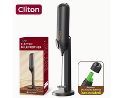 Cliton Elektrische Melkopschuimer - Handheld Melkklopper met Standaard - Mini Mixer voor Cappuccino, Latte, Matcha & Chocolademelk - Werkt op Batterijen - Zwart