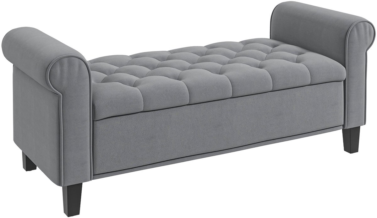 Grijze Gestoffeerde Bank 126 x 48,5 x 57 cm, Opbergbank met Opbergruimte en Deksel, Bedbank, Zitbank, Halbank, Zithocker voor Slaapkamer en Woonkamer, Fluweellook, Comfortabel en Praktisch, Tot 120 kg