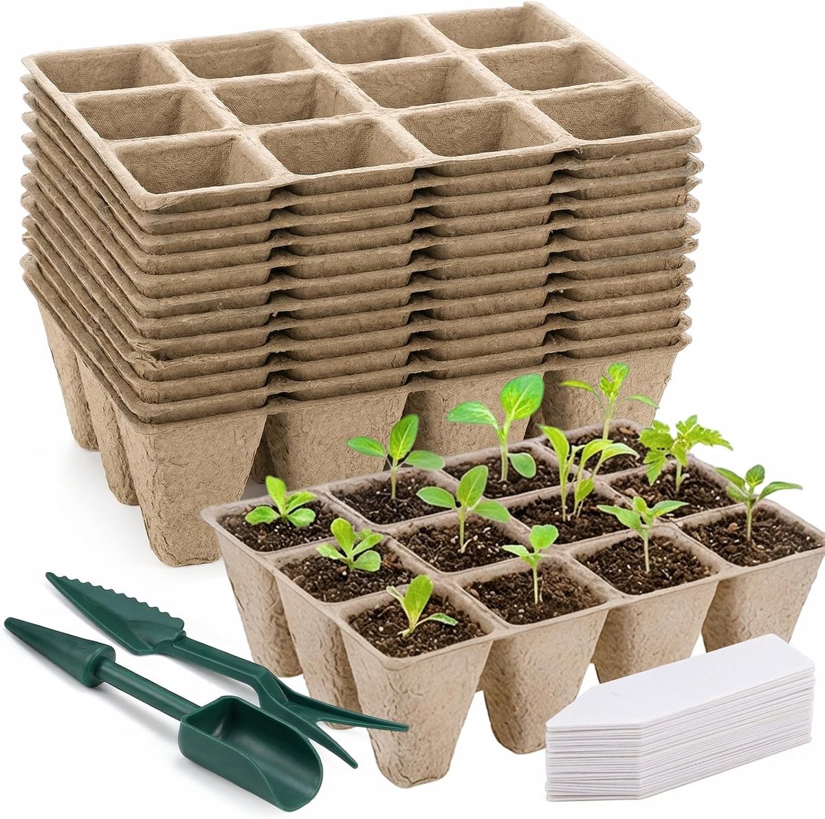 KZQ Set van 10 zaadpotjes - 120 biologisch afbreekbare turfpotjes - Plantenstartset - Geschikt voor zaailingen - Inclusief 120 etiketten en verplantgereedschap - Kiempotjes voor groenten, bloemen en kruiden