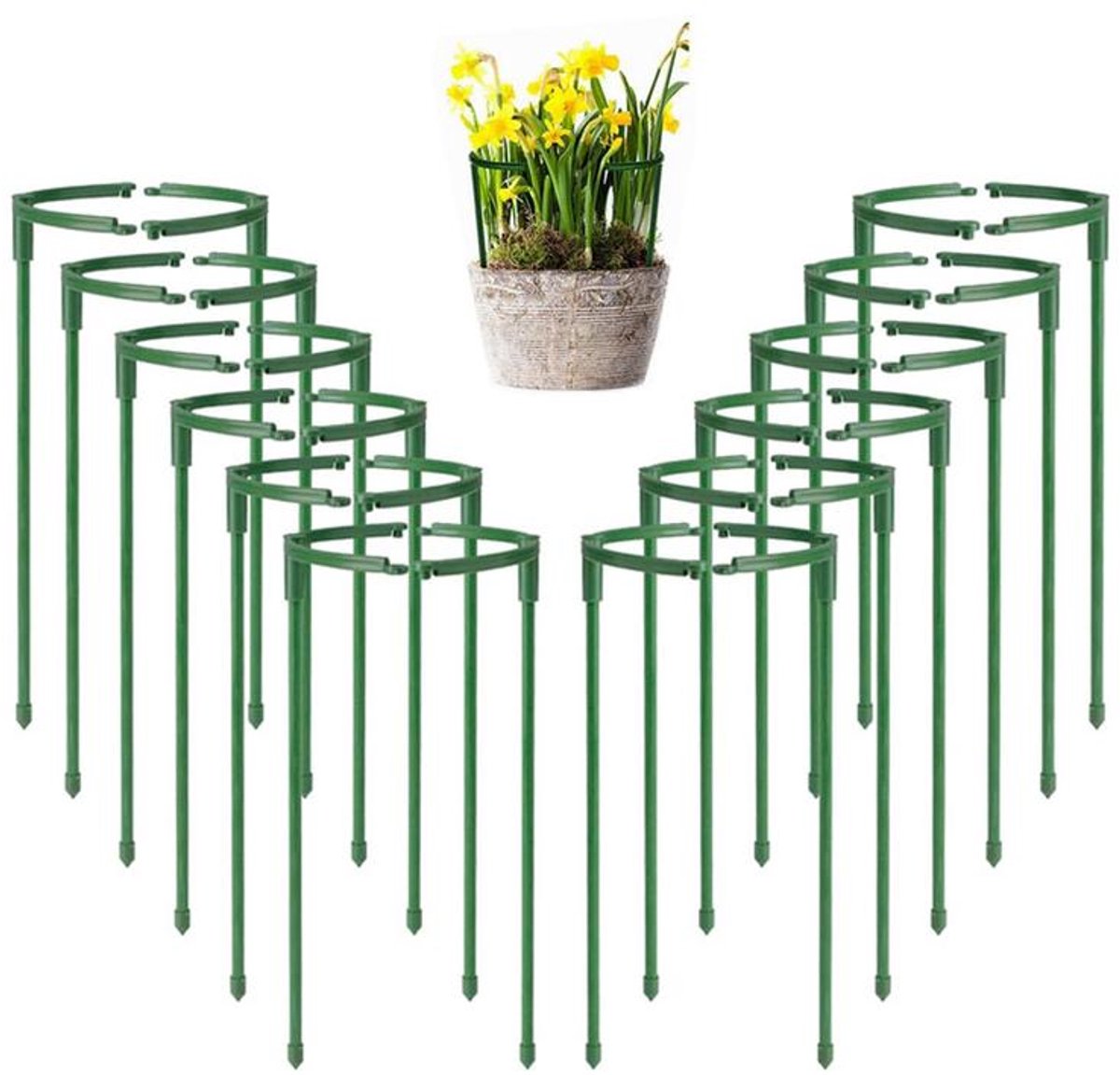 KZQ 12-delige plantensteunset - Halfronde plantensteunringen - Plantenstandaards - Tuinbloemenstandaards - Stapelbaar - Geschikt voor tomaten, Monstera deliciosa, pioenrozen, hortensia's - 24x14 cm - Groen