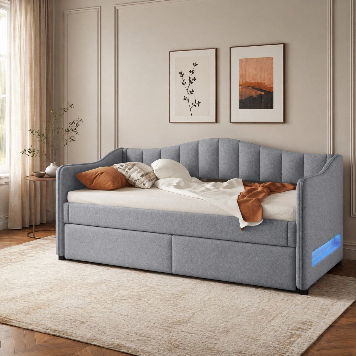 COVREO Slaapbank 90x200 cm grijs, stof en MDF met uitschuifbaar bed