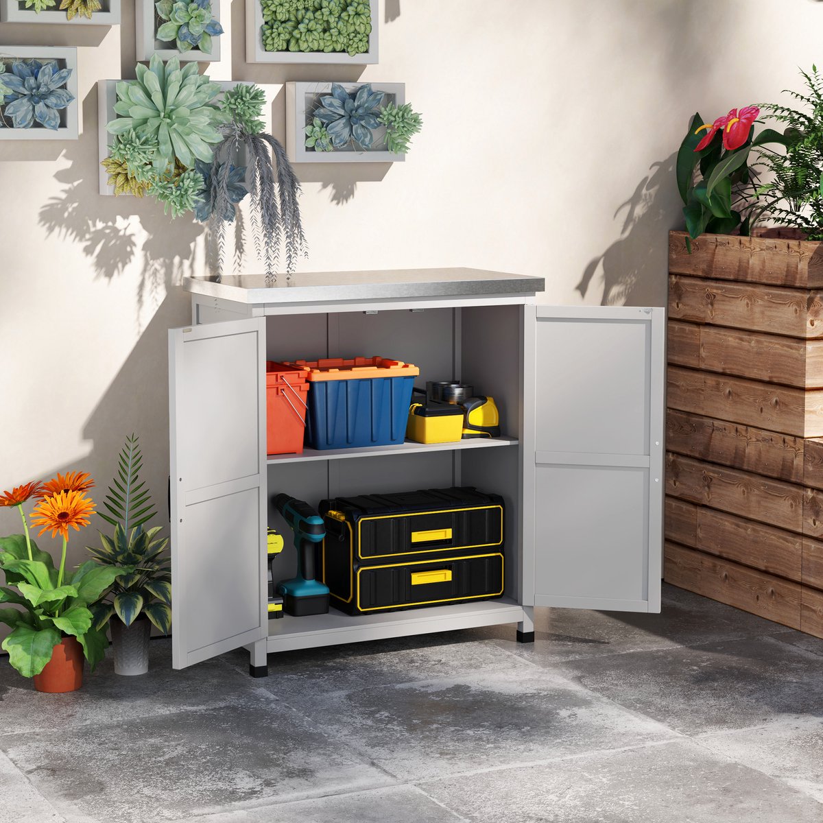 COVREO Bergingkast 79 x 43 x 92 cm grijs hout, met werkblad en legplank