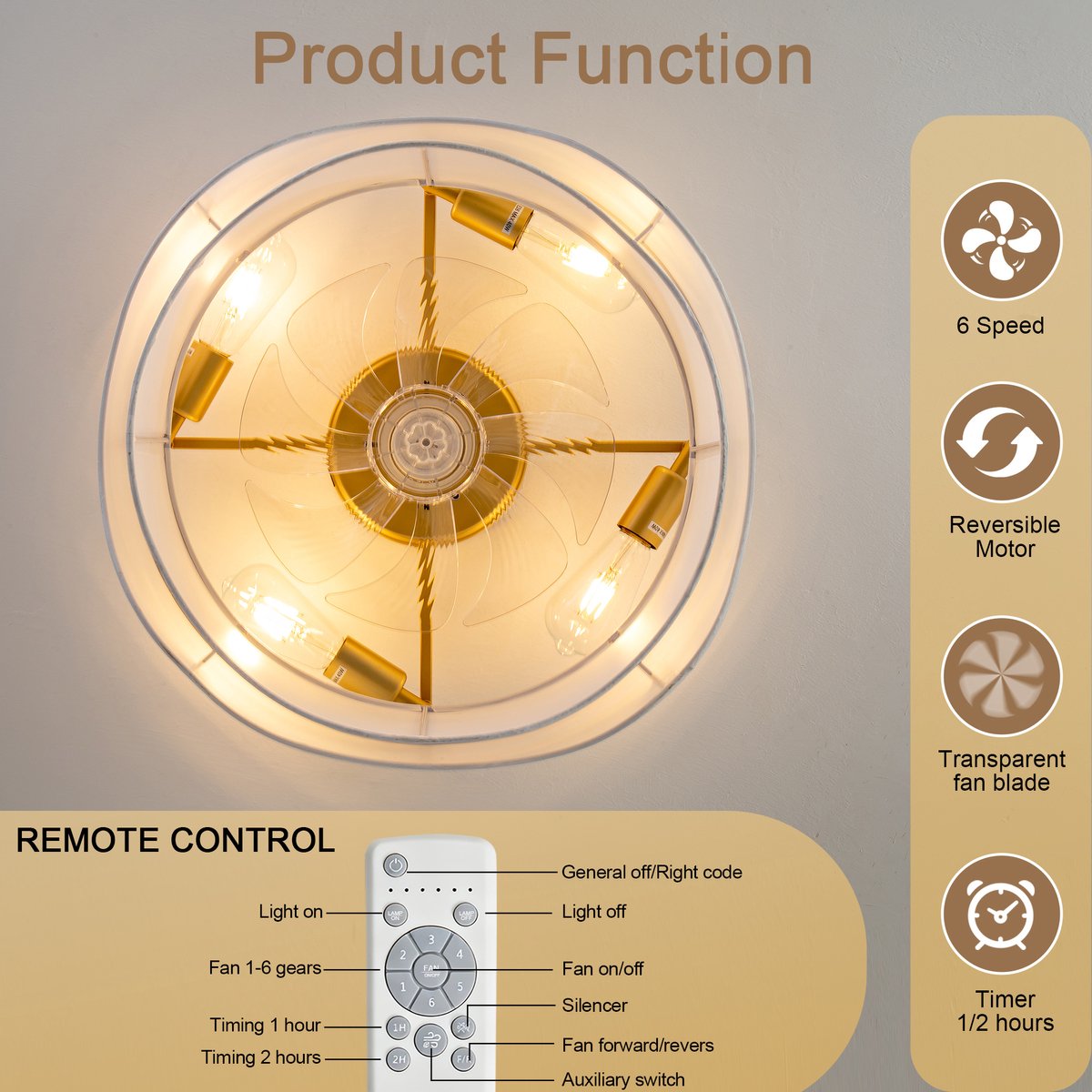 Moderne 19-inch plafondventilator - ABS-bladen - App- en afstandsbediening - Zes snelheden - Omkeerbare ventilatorstanden - Geschikt voor slaapkamer en babykamer – foto 5