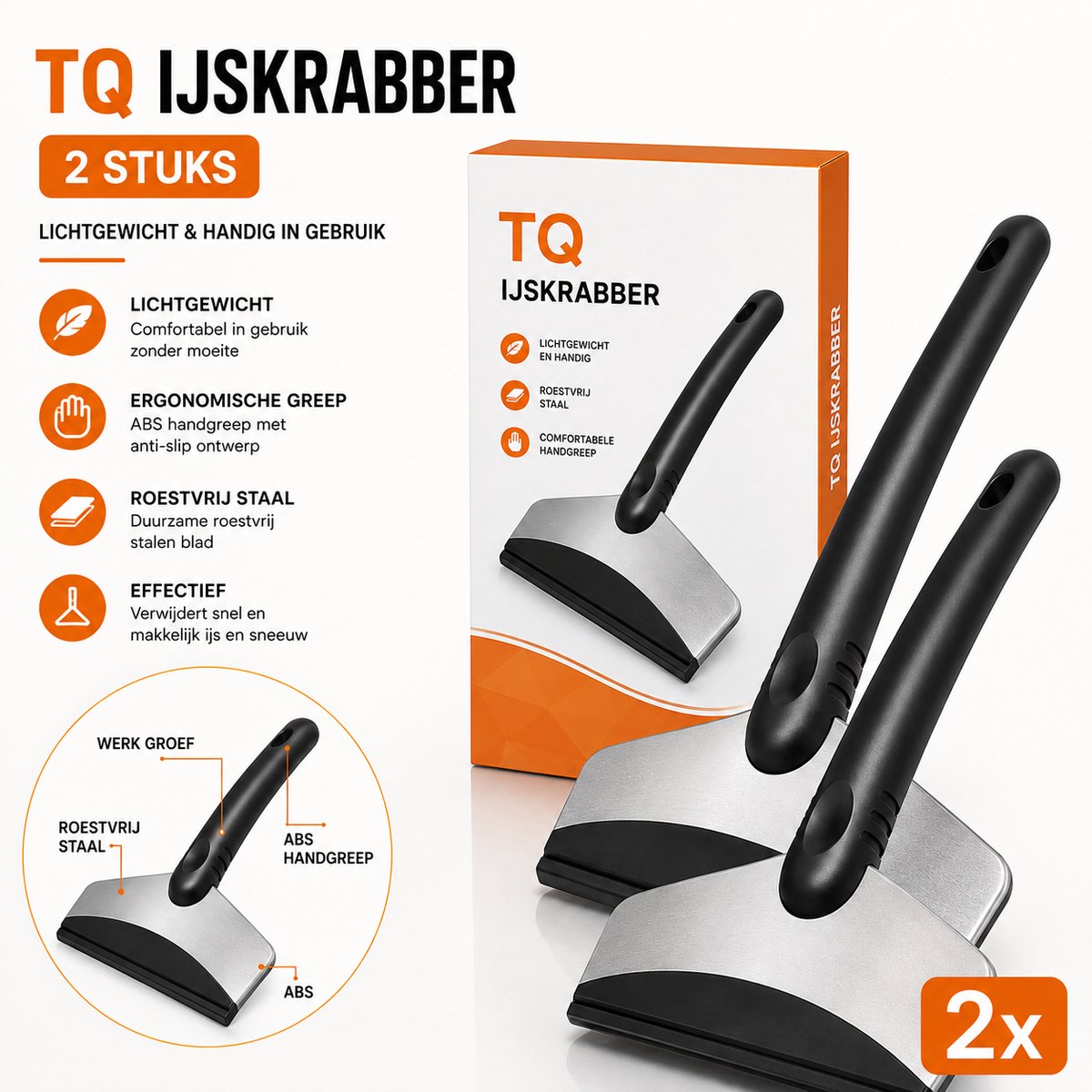 TQ IJskrabber Auto - Extra Breed - RVS - Ergonomisch Handvat - Set van 2