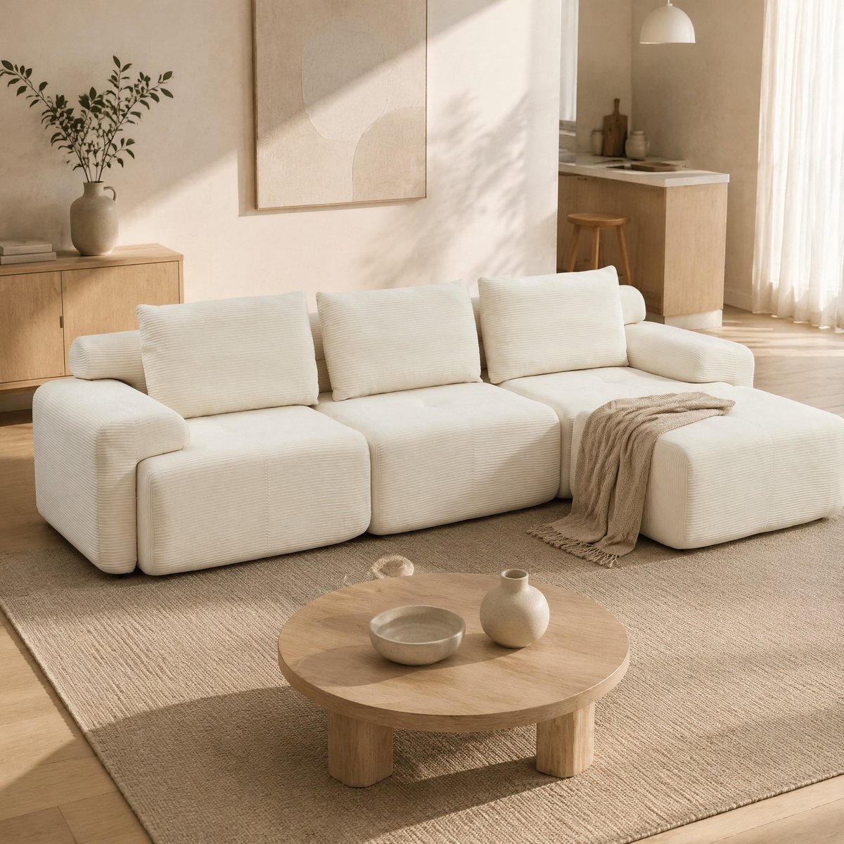 COVREO Hoekbank 305 cm wit stof, modulair met slaapfunctie en cordlook