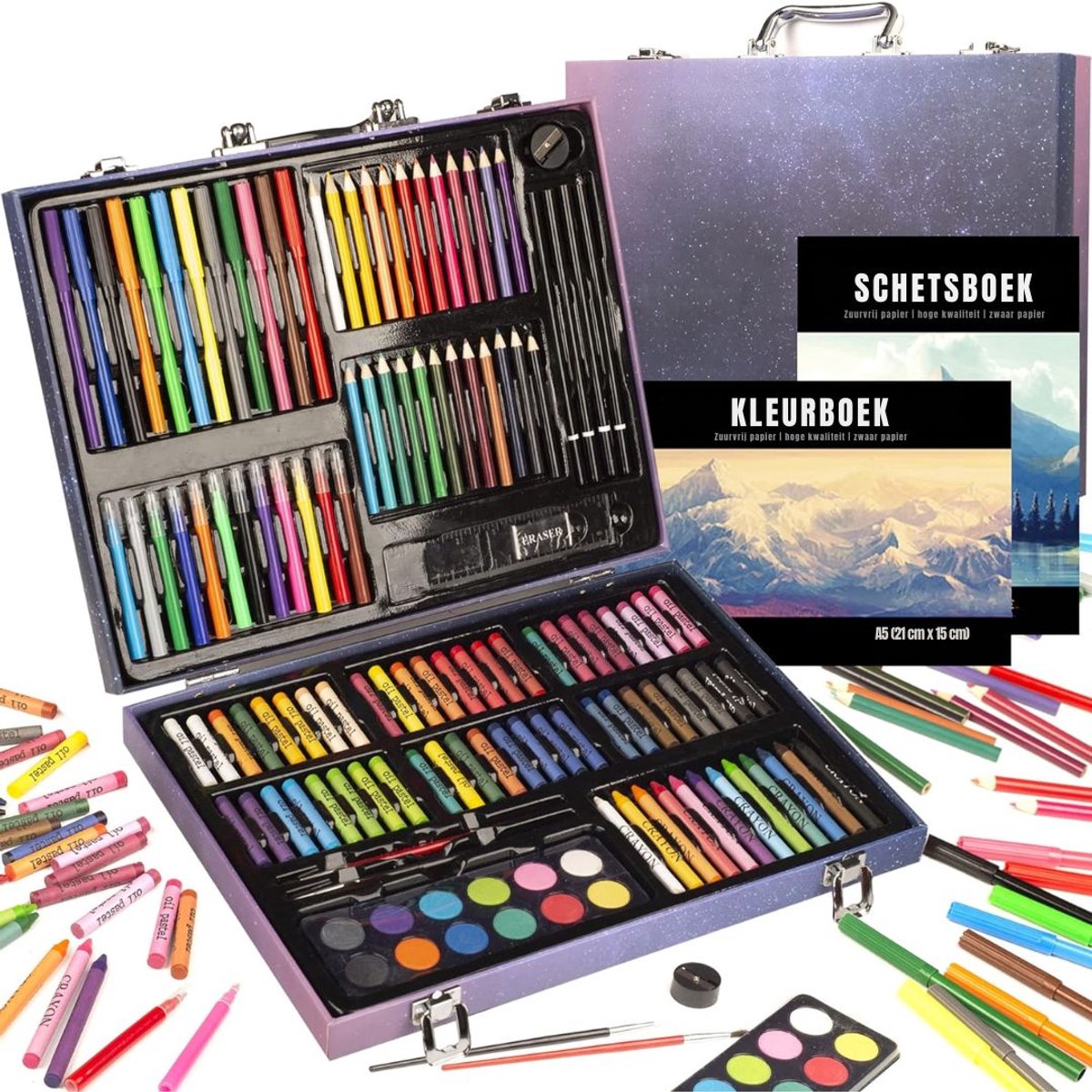 KIRA® Tekenset - Professionele Marker Organizer & Grote Pennentas - Luxe Teken Organizer & Pennenetui - Blauw - 37cm x 28cm x 6cm