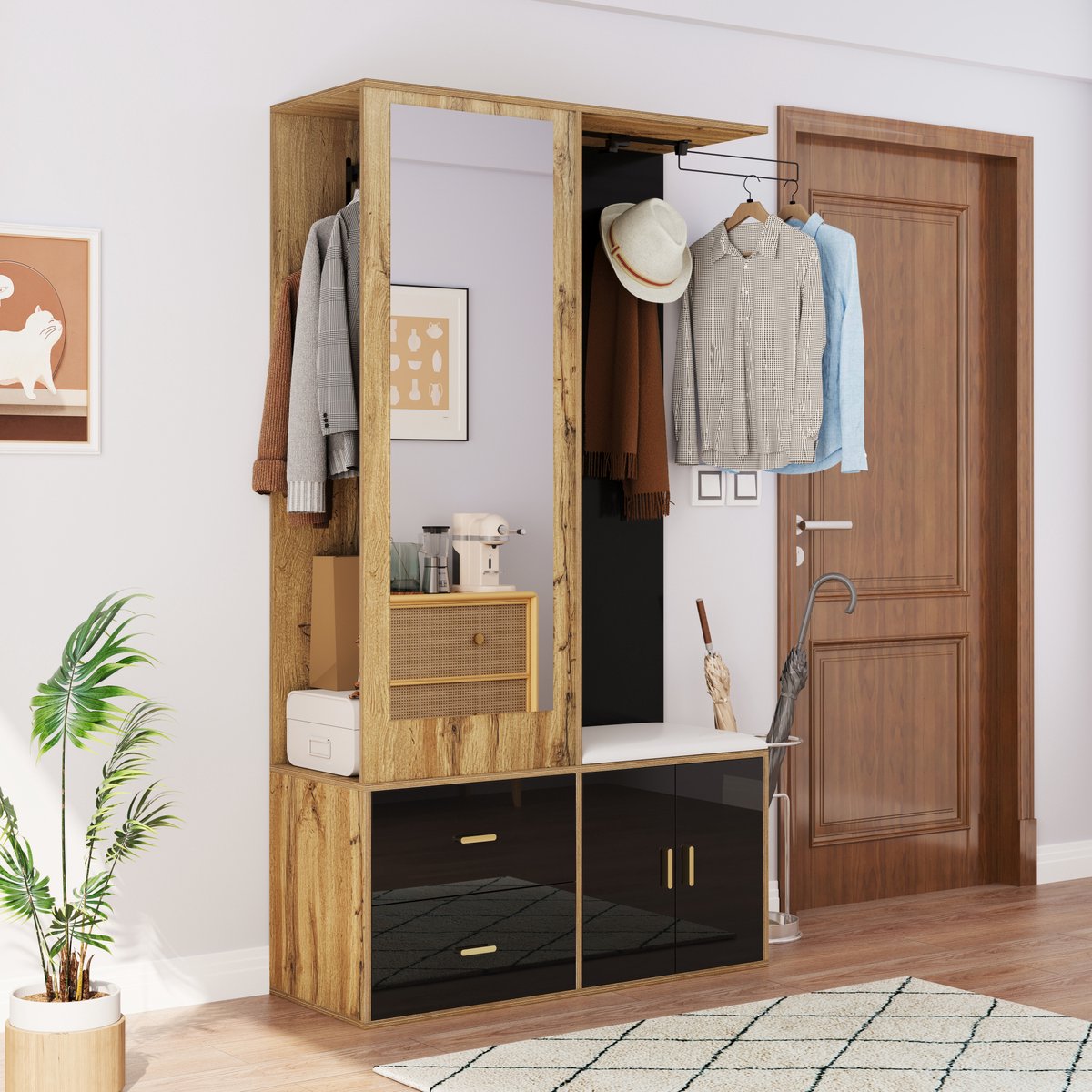 COVREO Halmeubel 100x38x180 cm zwart en hout, met spiegel en opbergruimte