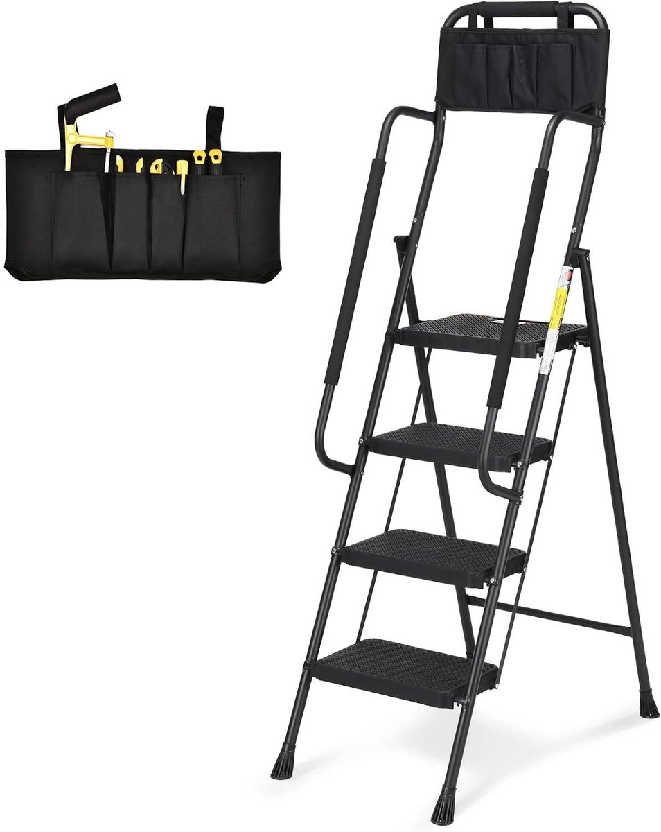 Opvouwbare Keukenladder - Keukentrap Keukentrapje - Veilig Werken - Met Handgrepen - 4 Treden - Zwart
