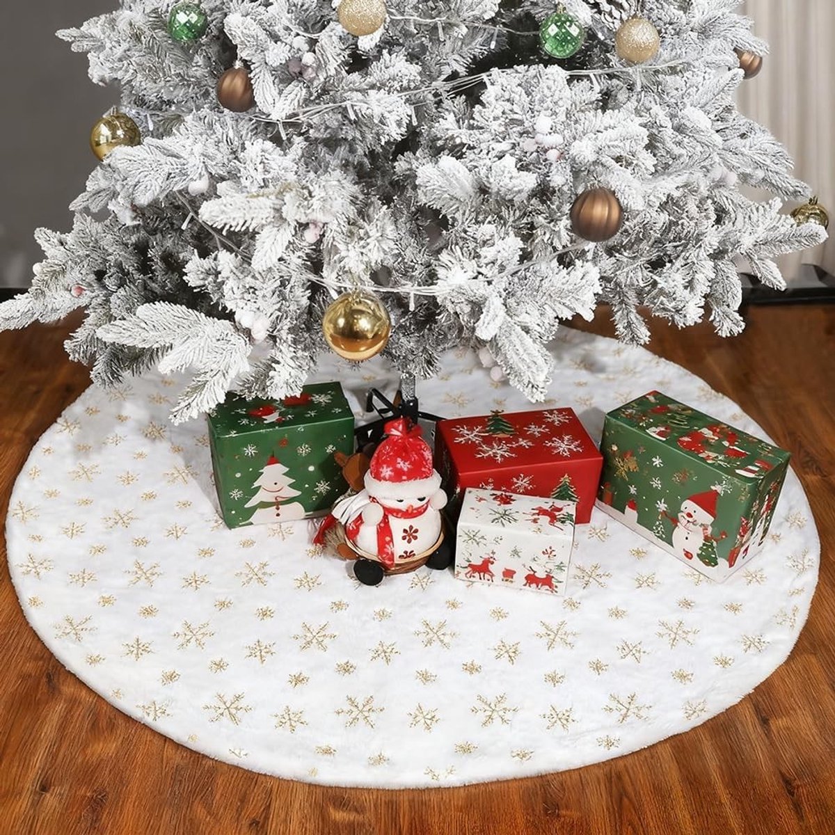 Kerstboomrok - Wit - 91 cm - Pluche Luxe Nepbont met Geborduurde Sneeuwvlokken - Voor Kerstdecoratie