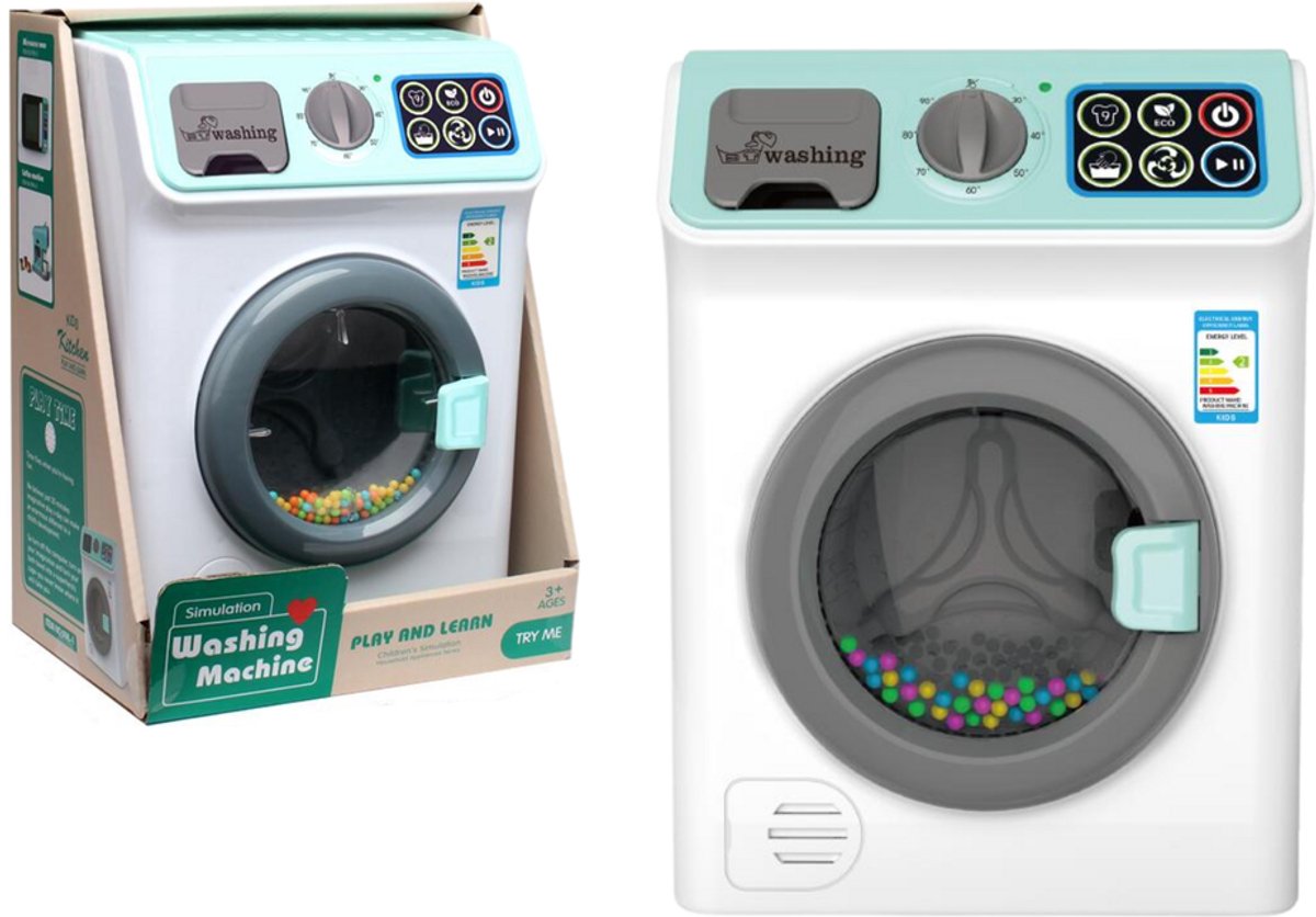 Wasmachine met batterijgeluiden die trommelkleurige ballen openen - UNI