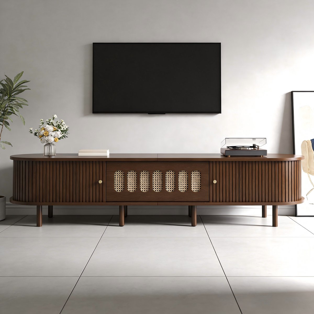COVREO TV-meubel 180 x 40 x 40 cm walnoot MDF, met rattan en opbergruimte