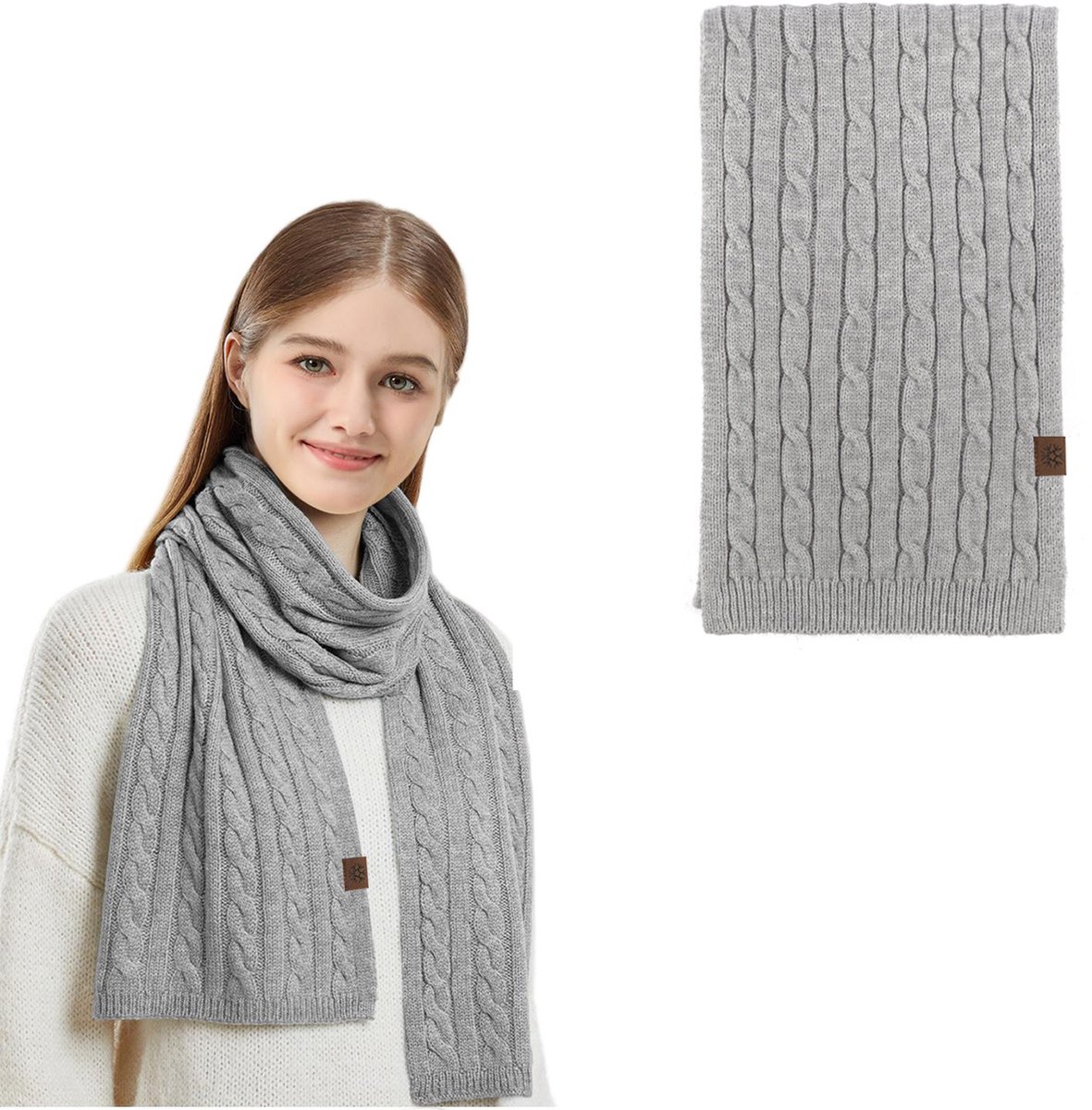 Gebreide Sjaal Dames Heren Winter – Lange Sjaal 180x26 cm – Warme Colsjaal met Kabelmotief – Zacht & Comfortabel – Anti-Koude Nekwarmer – Lichtgrijs – 1 stuk