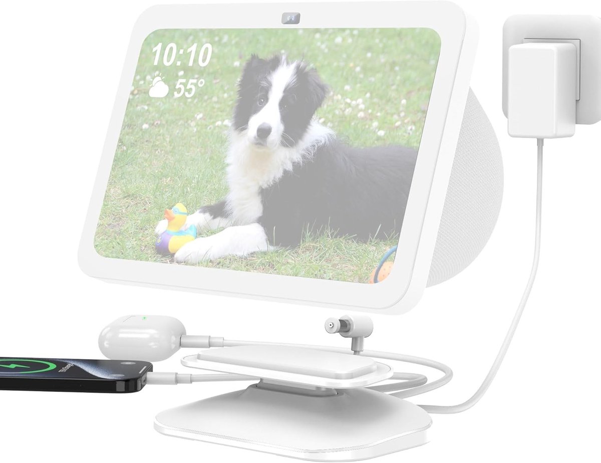 Verstelbaar Oplaadstation voor Show 8 3rd Generation en Telefoon met USB-C/A Poort, Geschikt voor Hoofdtelefoons en Meer (Wit)