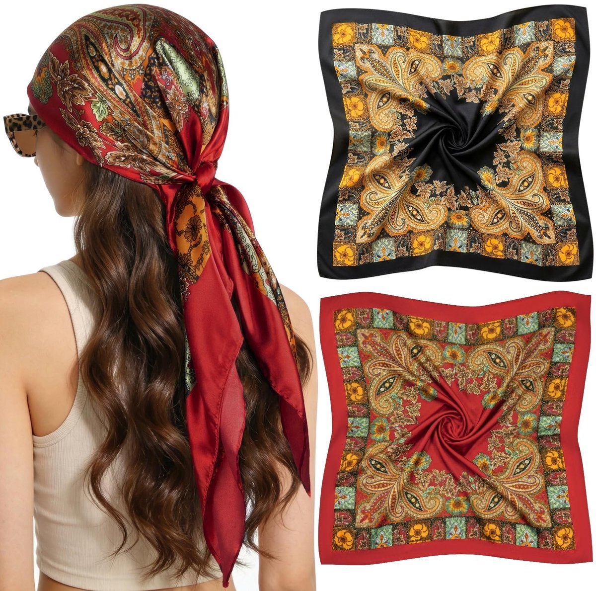 2 Pezzi Grote vierkante sjaals voor dames, kleurrijk satijnen hoofddoek, bandana's, elegante zijden doek met grafische print, uniseks, paisley-halsdoek, 85 x 90 cm