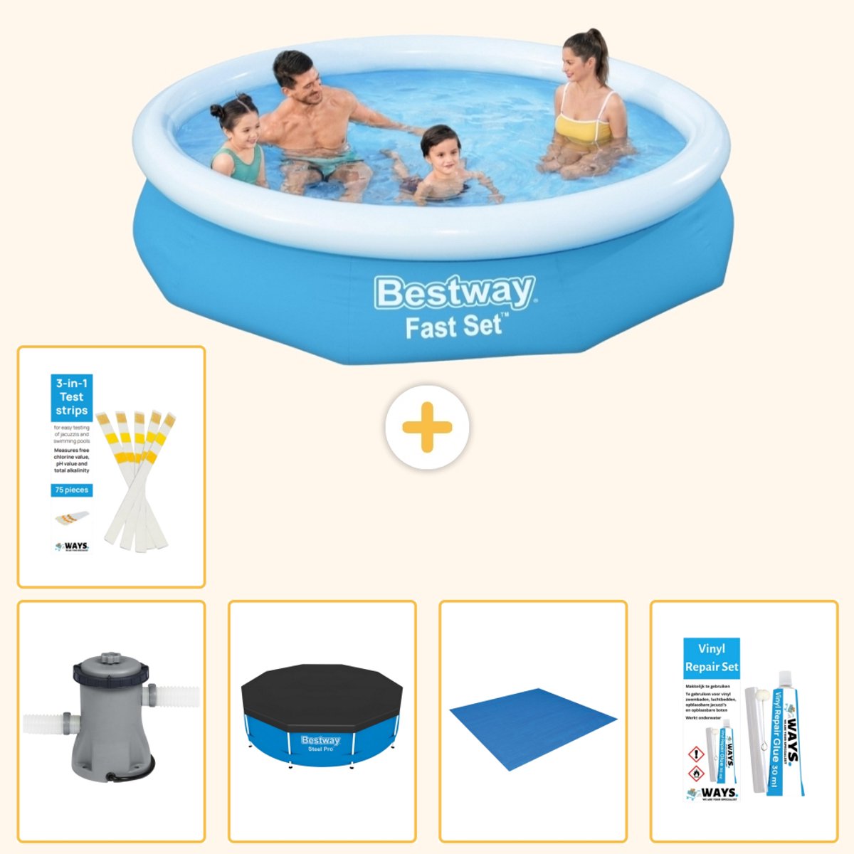 Bestway Rond Opblaasbaar Fast Set Zwembad - 305 x 66 cm - Blauw - Inclusief Pomp - Afdekzeil - Grondzeil - Reparatiesetje - Testrips - 6-delig