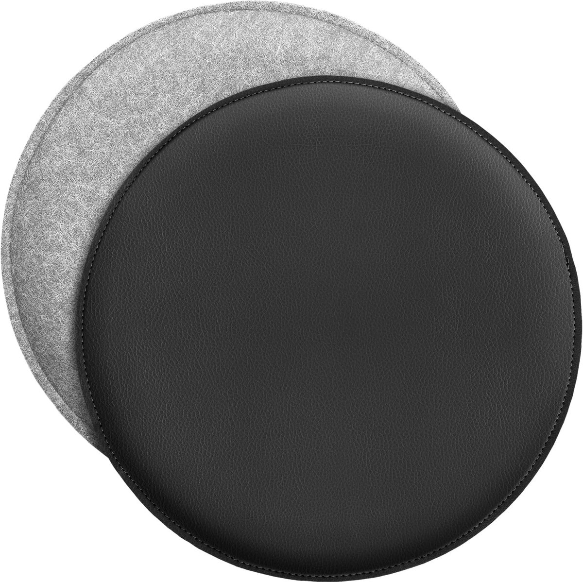 Design Zitkussen | Draaibaar rond kussen van vilt en kunstleer | Stoelkussen ø35 cm | 2-delig set | Zitbescherming voor bank en stoel | Lichtgrijs-Zwart