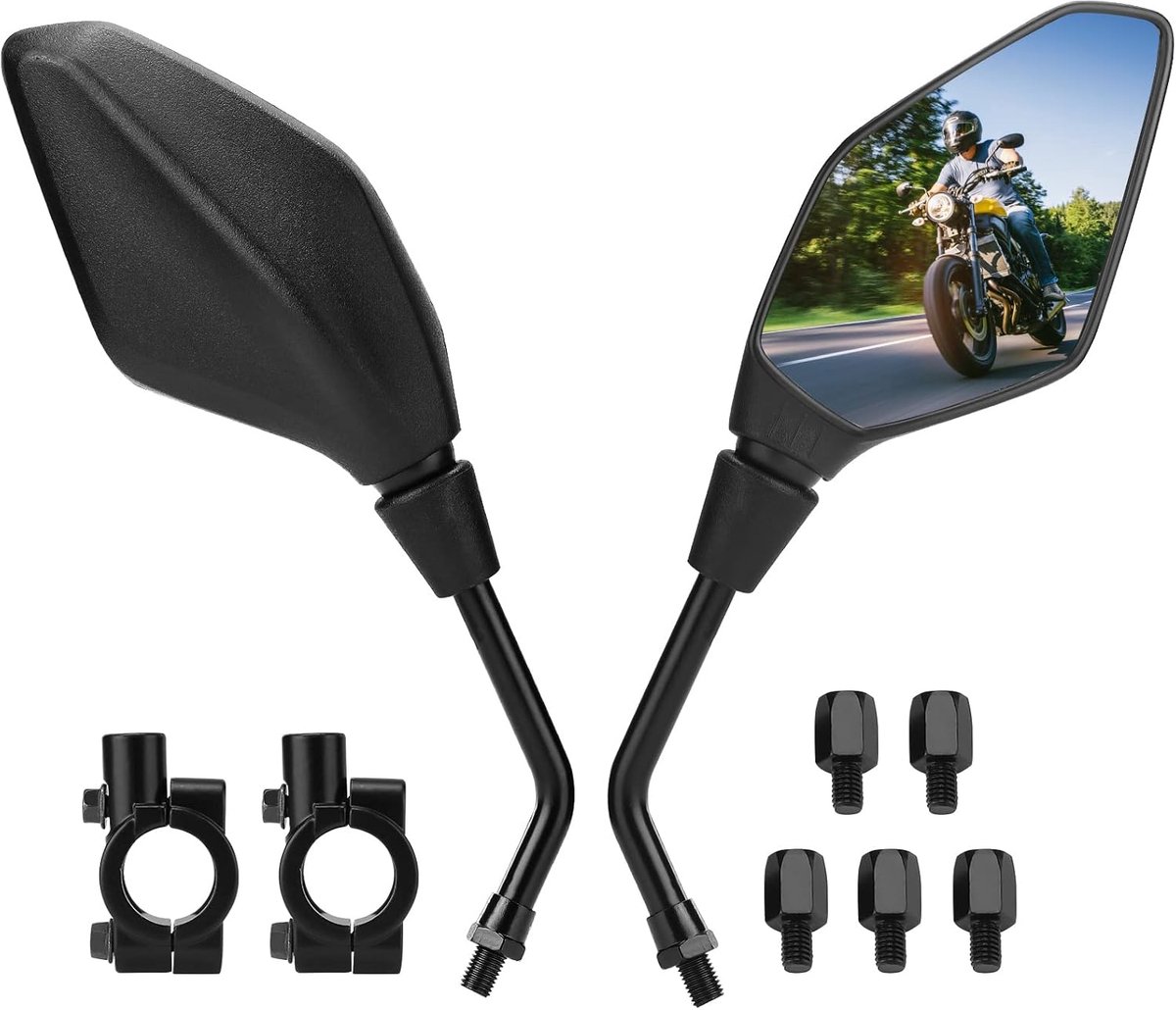 Motorfietsspiegel E-keurmerk Universeel 7/8 inch, motorfietsstuurspiegel Achteruitkijkspiegel met M8/M10 draadbout en 2 stuurklemmen past op MT07 MT09 SV650 2-delig