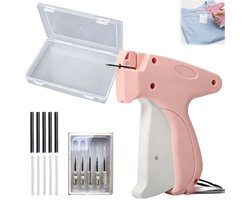 Handmatig labelpistool - kledinglabelpistool - naaipistool voor kleding - labellijmpistool - geschikt voor kleding, schoenen, sokken - roze - 12,4*12,9*2,4 cm - inclusief 5 naalden - 500 zwarte en 500 witte lijmnaalden per naald