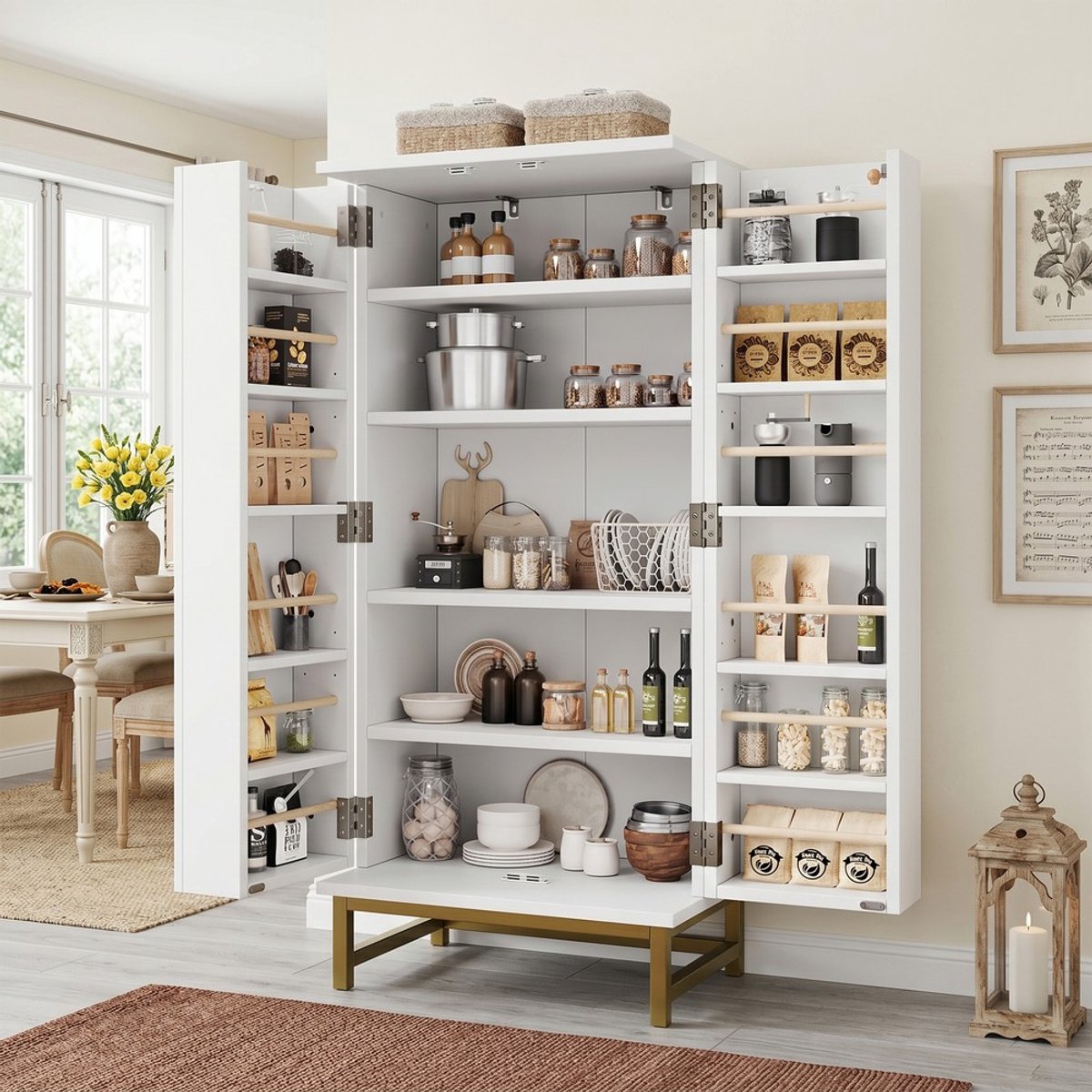 KOMHTOM Dressoir - Wit met Gouden Details - Verstelbare Planken - Opbergkast voor Woonkamer en Eetkamer - Moderne Keukenkasten - Sideboard met Deuren - Keukenkast Klein