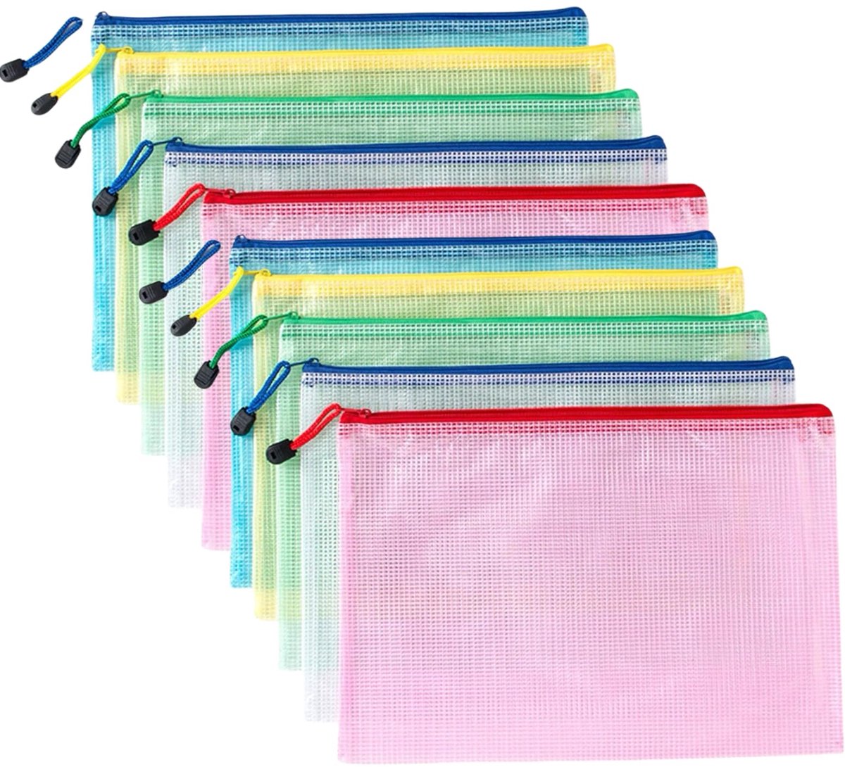 Documententas met ritssluiting, A5, transparant, pvc, documentenmap, kunststof tas, 5 kleuren, voor kleine voorwerpen, cosmetica, reisaccessoires enz. (10 stuks)