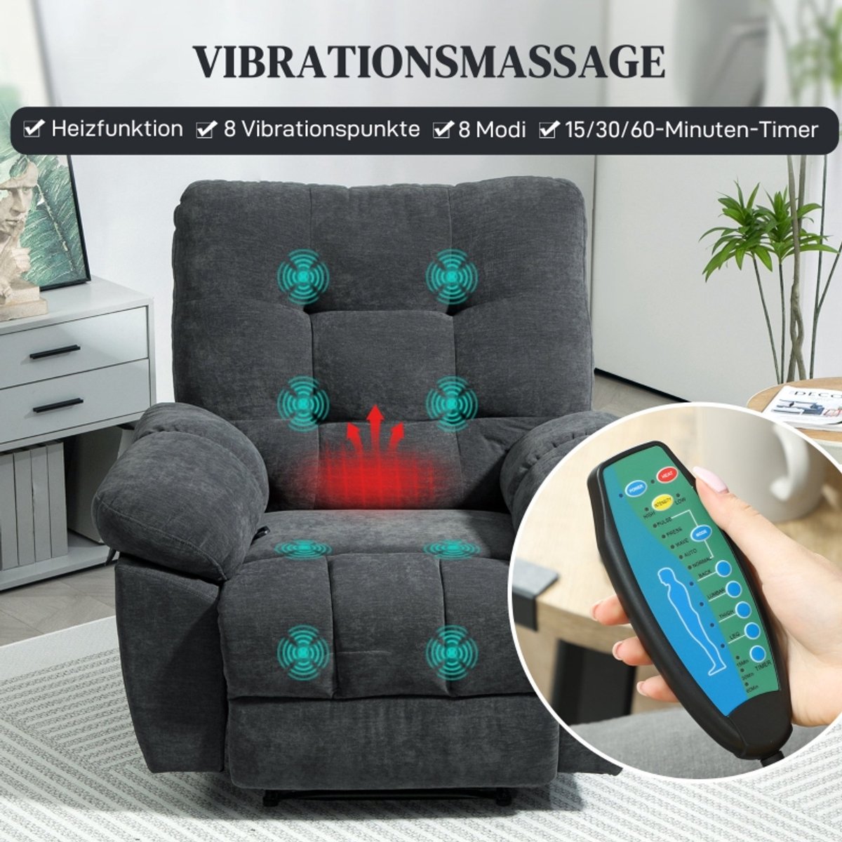 HAUSS SPOLE Massage Relaxfauteuil Met 8 Trillingspunten En Lendenverwarming Verstelbare Voetensteun Afstandsbediening Voor Woonkamer Donkergrijs Dark Gray
